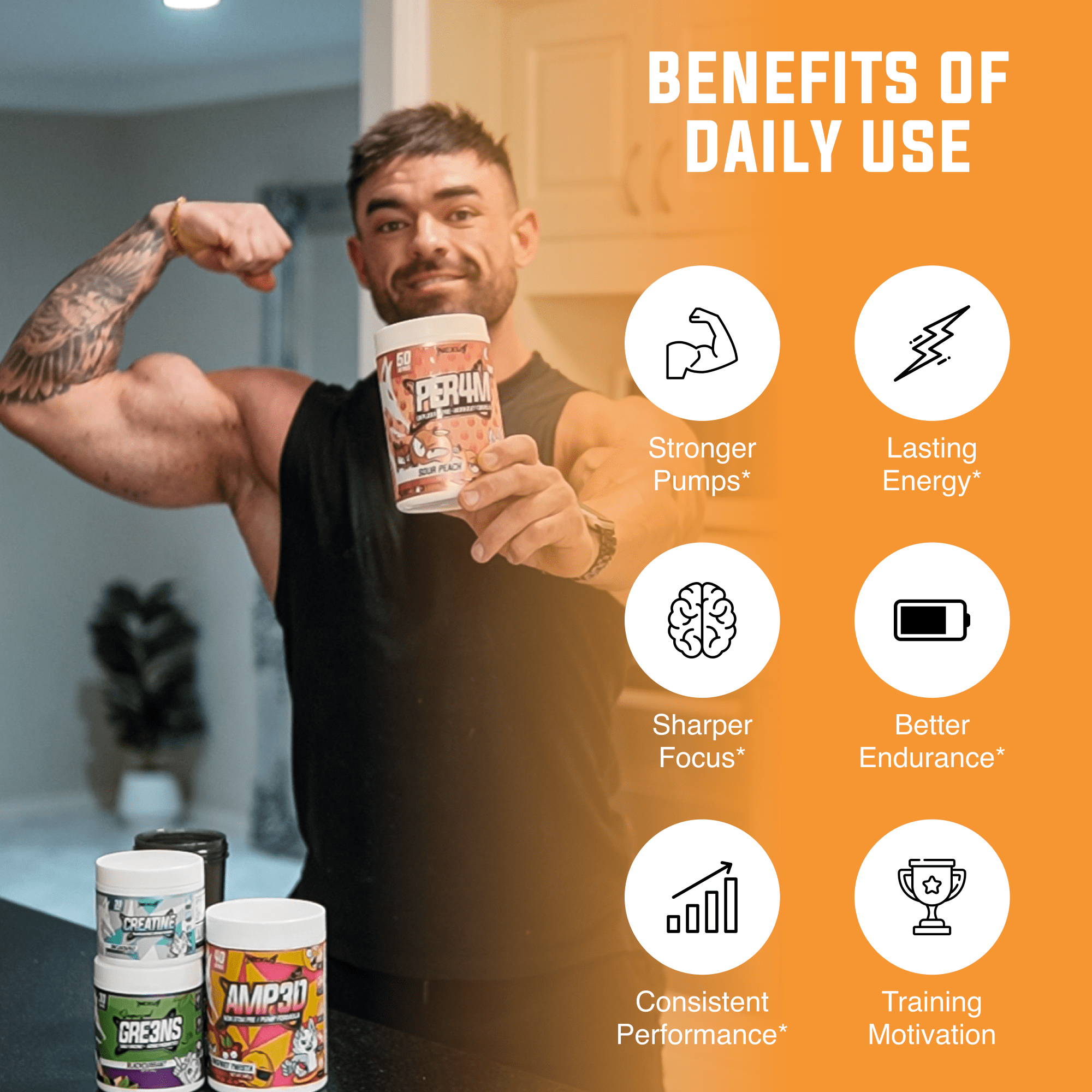 Nexus Nutrition PER4M Pre-Workout powder in Sour Peach flavor, showing the container and scoop on a white background.