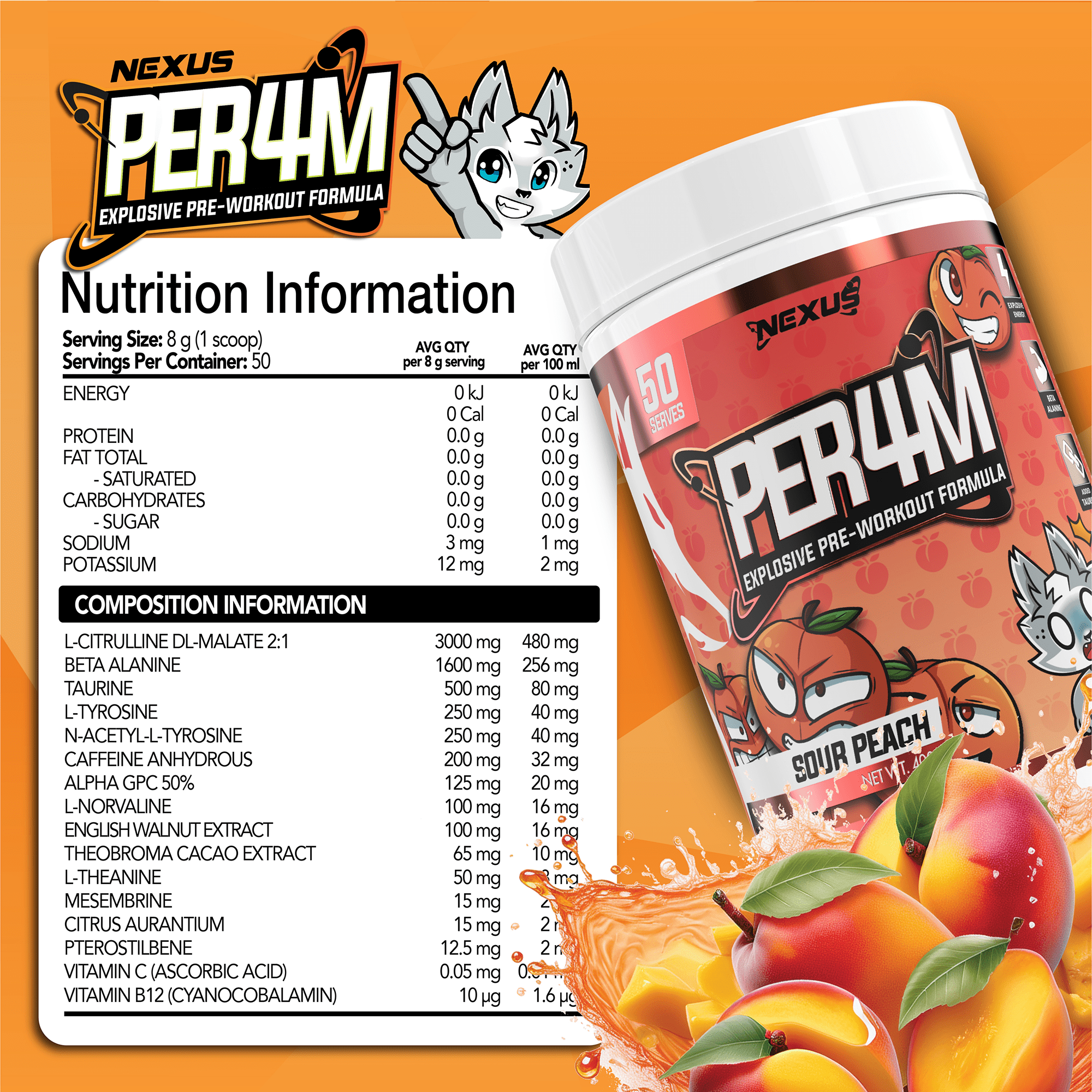 Nexus Nutrition PER4M Pre-Workout powder in Sour Peach flavor, showing the container and scoop with vibrant label design.