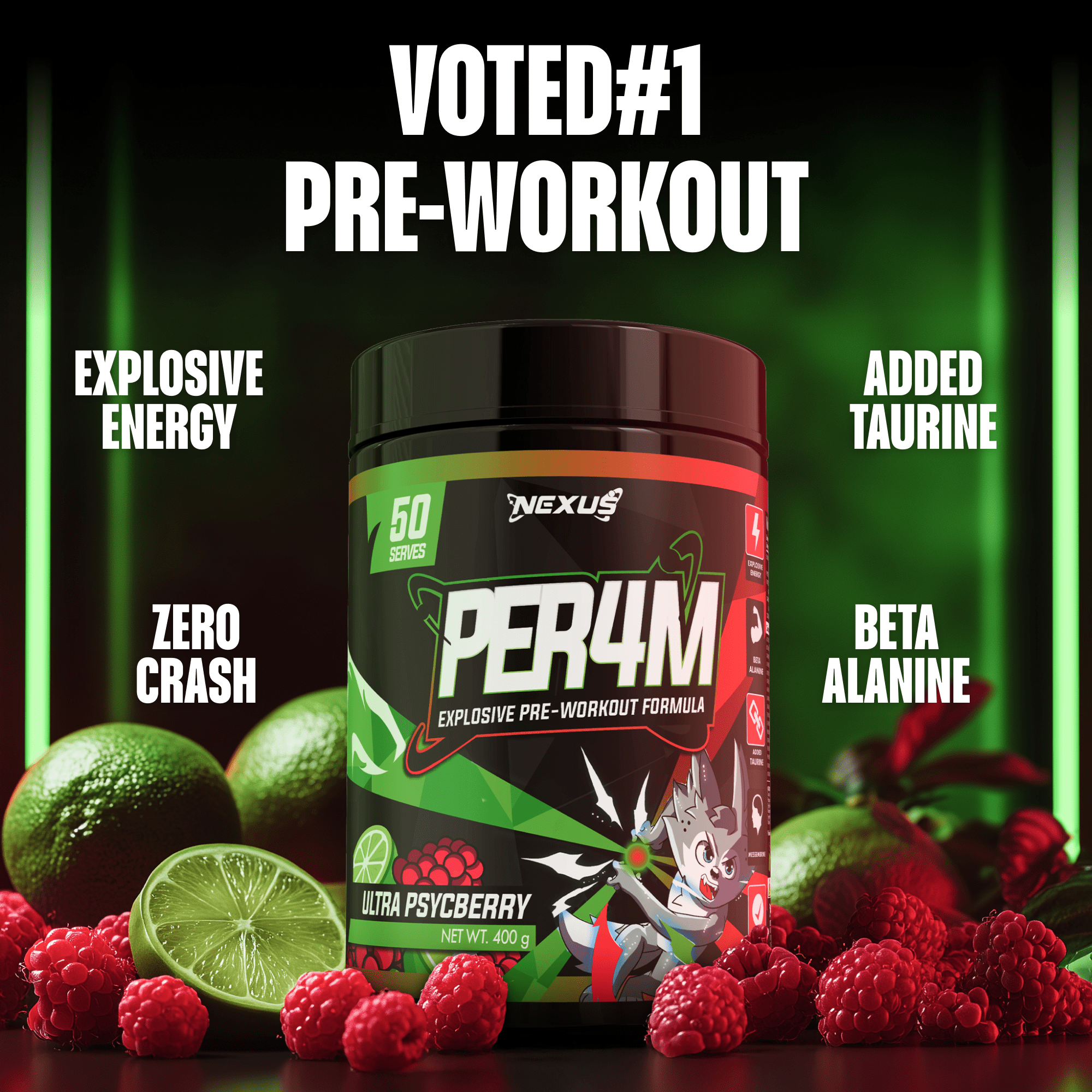 Nexus Nutrition PER4M Pre-Workout powder in Ultra Psych Berry flavor, showing the colorful container and scoop of supplement powder.