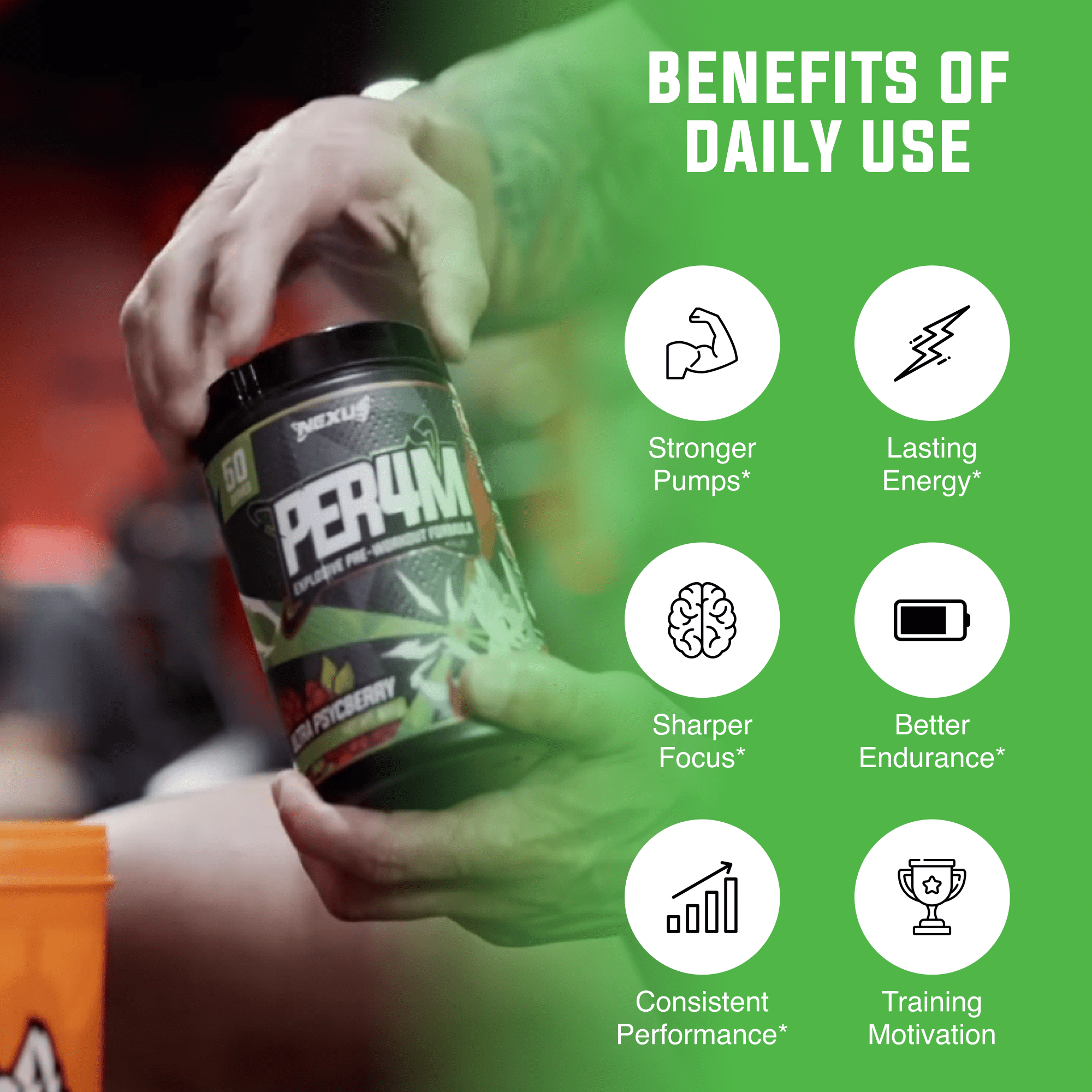 NEXUS PER4M Pre-Workout supplement in Ultra Psychberry flavor, showing the colorful supplement container with labeled nutritional info.