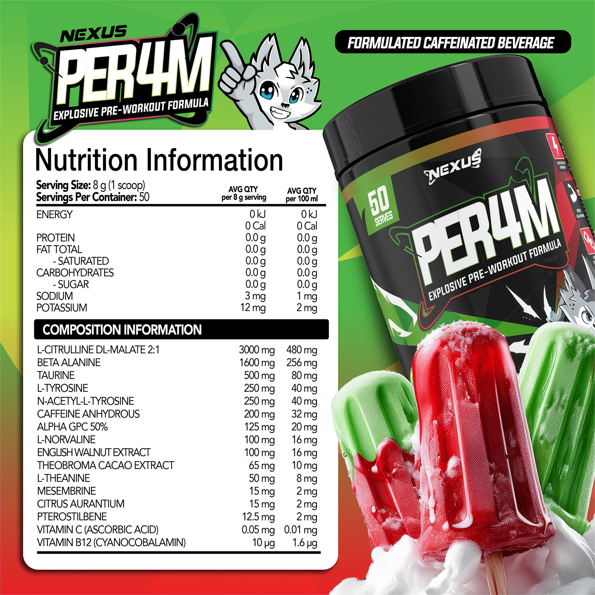Nexus Nutrition PER4M pre-workout supplement in Ultra Psych Berry flavor, featuring vibrant berries and energy-boosting ingredients.