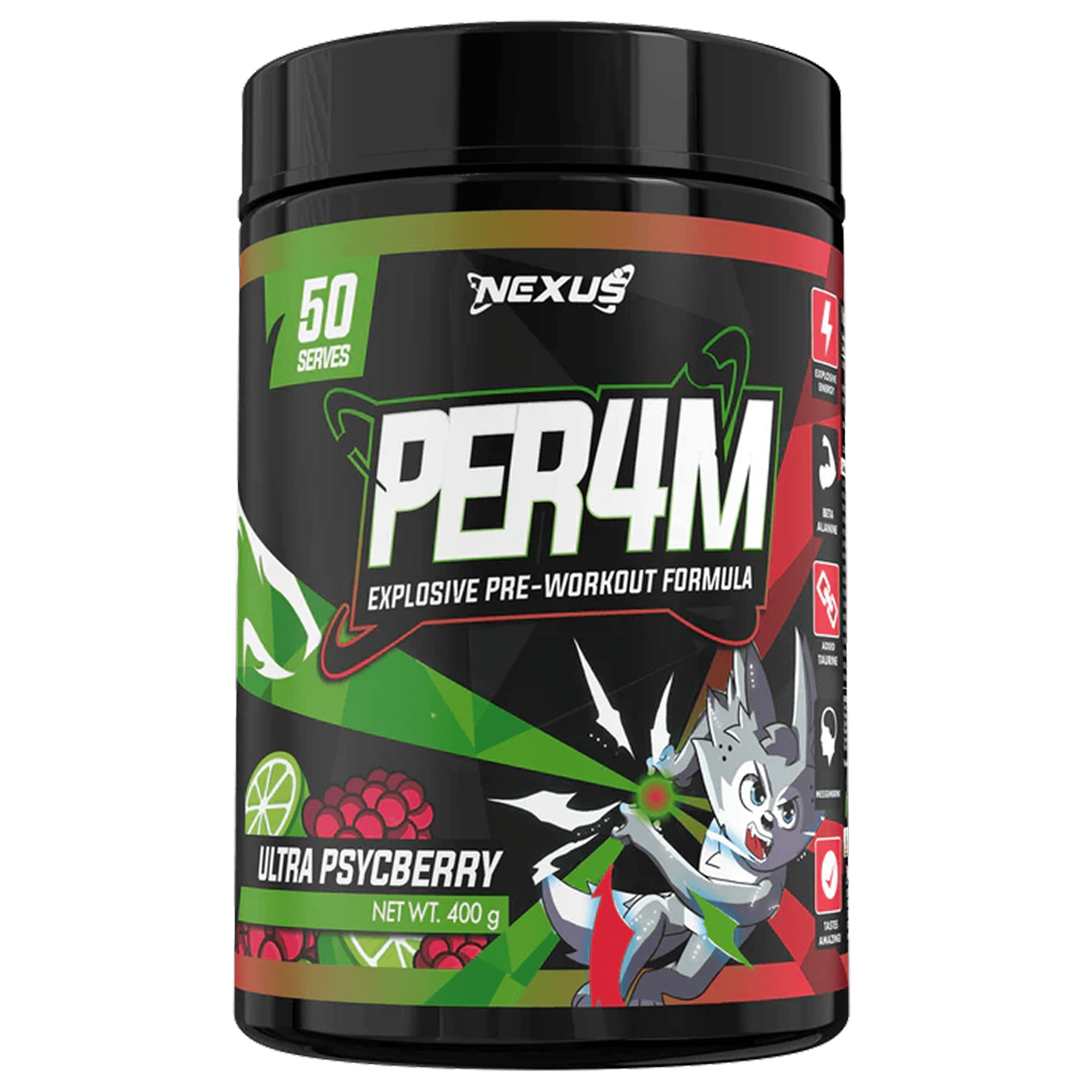 Nexus Nutrition PER4M Pre-Workout supplement container with Ultra Psychberry flavor, featuring vibrant packaging and product labeling.