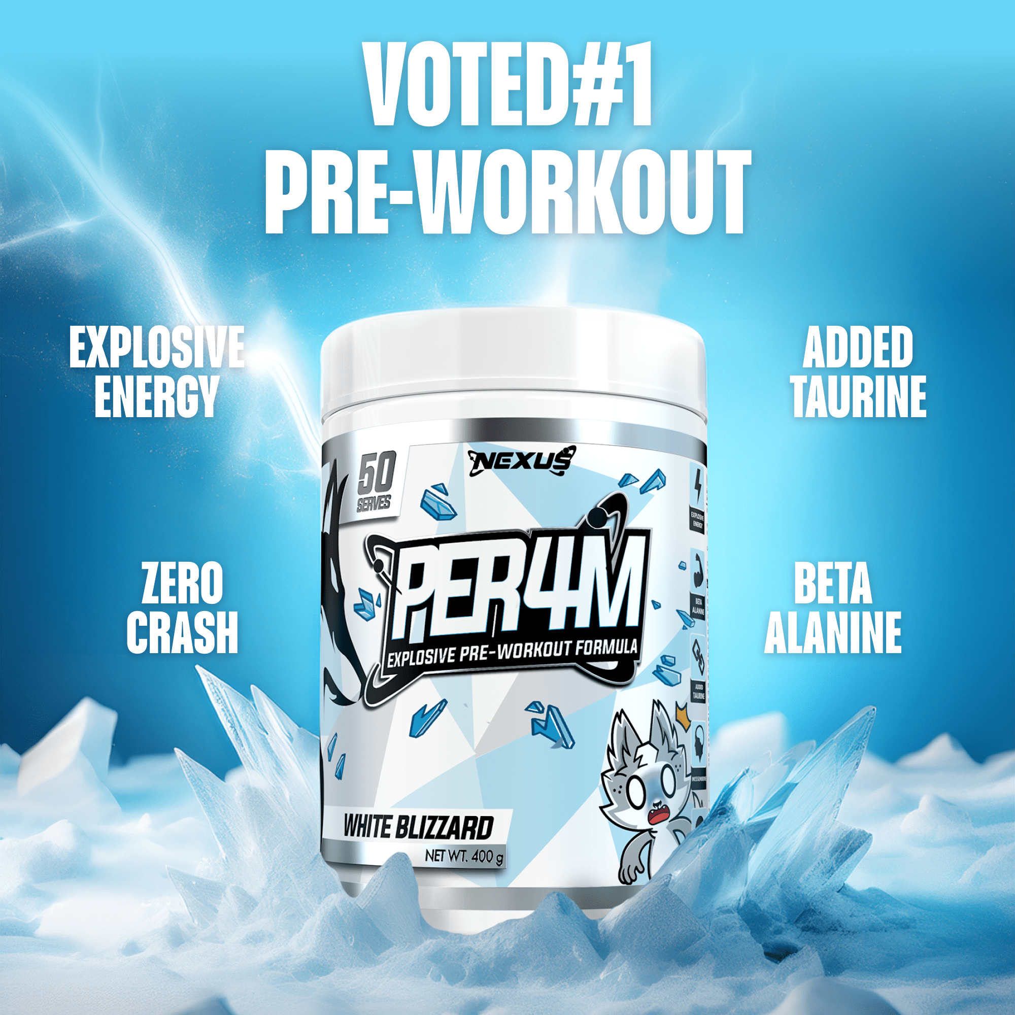 White and blue container of Nexus Nutrition PER4M Pre-Workout supplement with white Blizzard flavor, showing the product label.