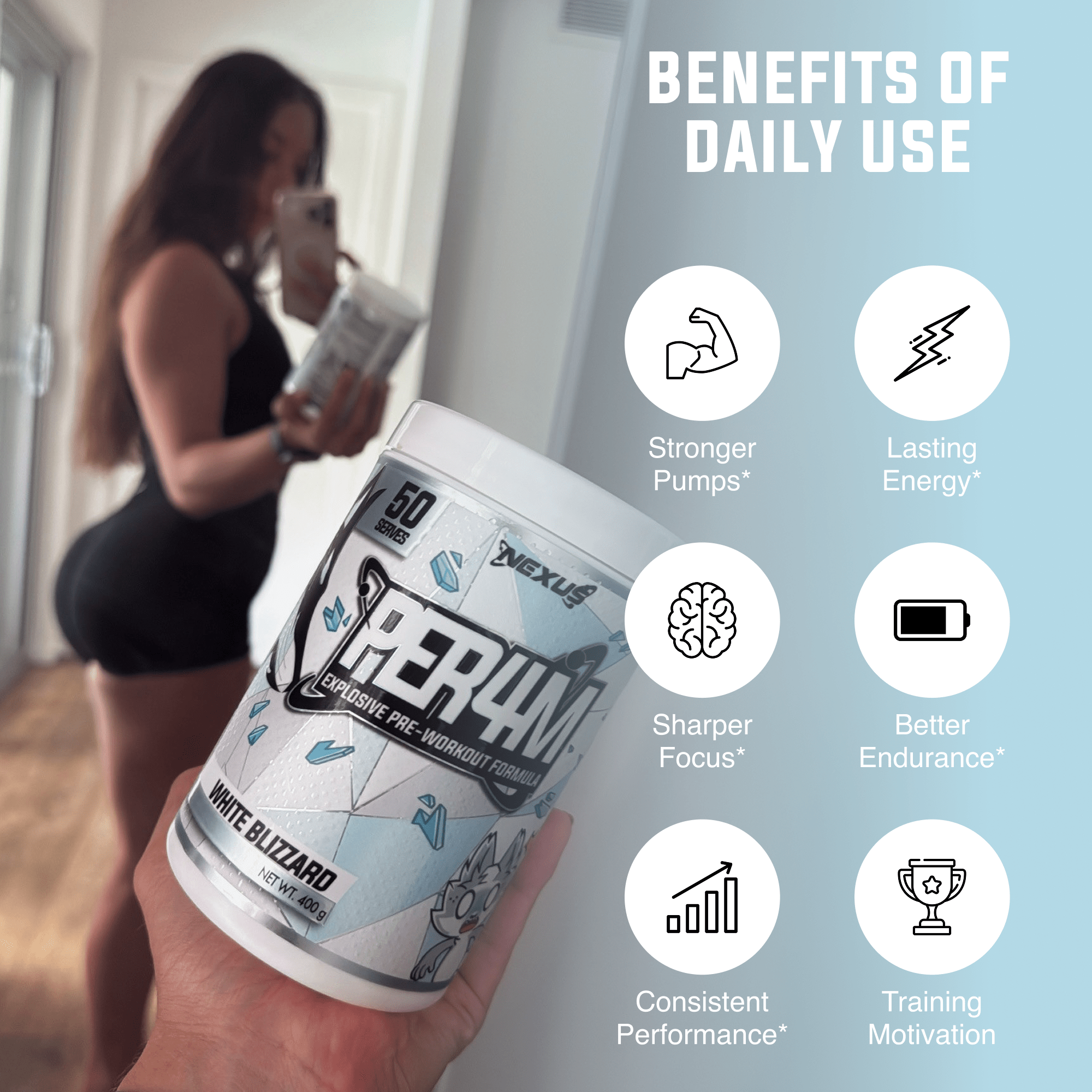 Nexus Nutrition PER4M Pre-Workout powder in white Blizzard flavor, shown in a container with a scoop and white powder