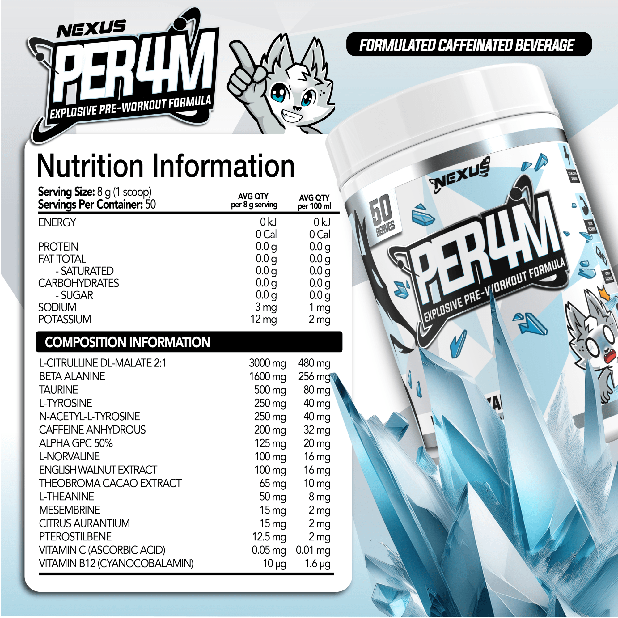 Nexus Nutrition PER4M Pre-Workout powder in White Blizzard flavor, showing the supplement container on a clean background.