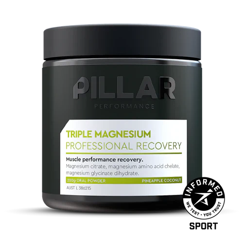 Pillar Performance Triple Magnesium Powder with pineapple and coconut flavor, in a clear container showing the powder inside.