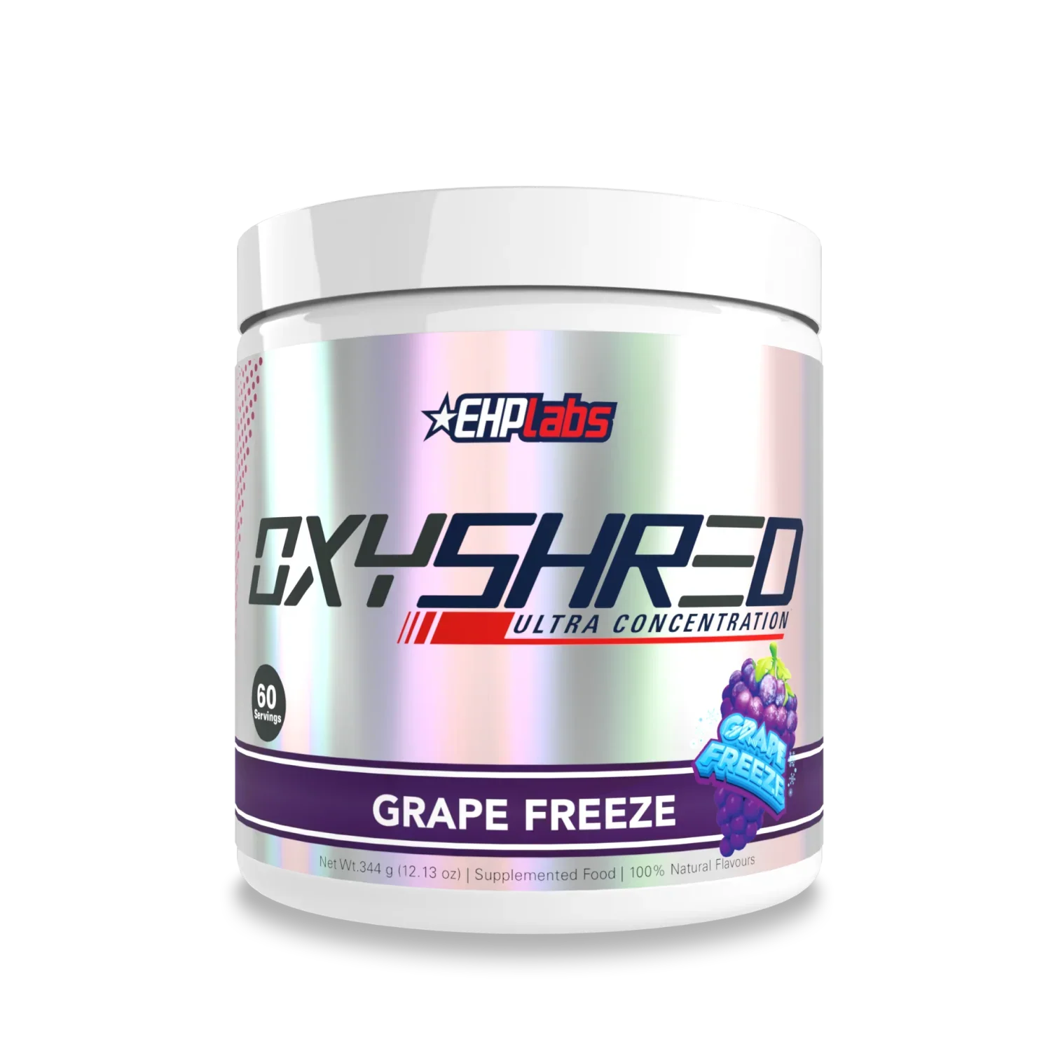 EHP LABS OXYSHRED Ultra Grape Freeze dietary supplement container with label and product icon, showcasing the energy and fat-burning formula.