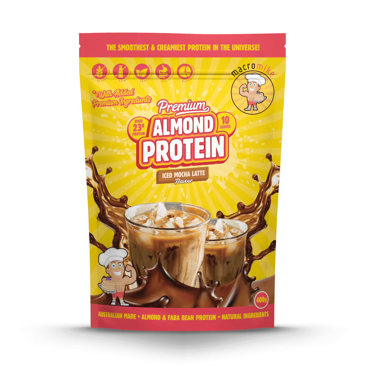 Macro Mike Almond Protein bag with Iced Mocha Latte flavor, showing the front packaging in a clear, detailed view.