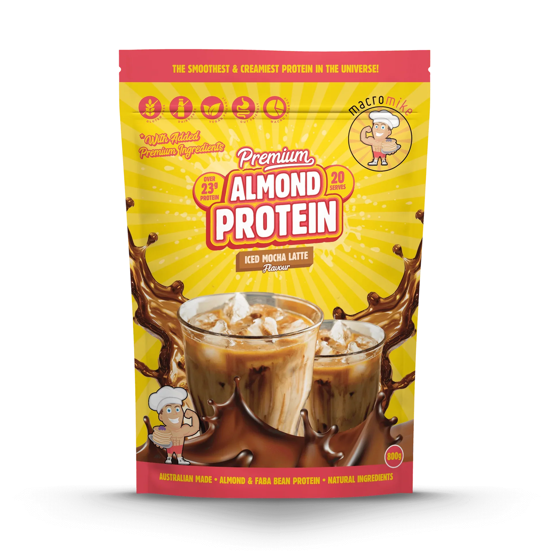 Macro Mike Almond Protein bag in Iced Mocha Latte flavor, showing the 800g product packaging with branding and flavor details.