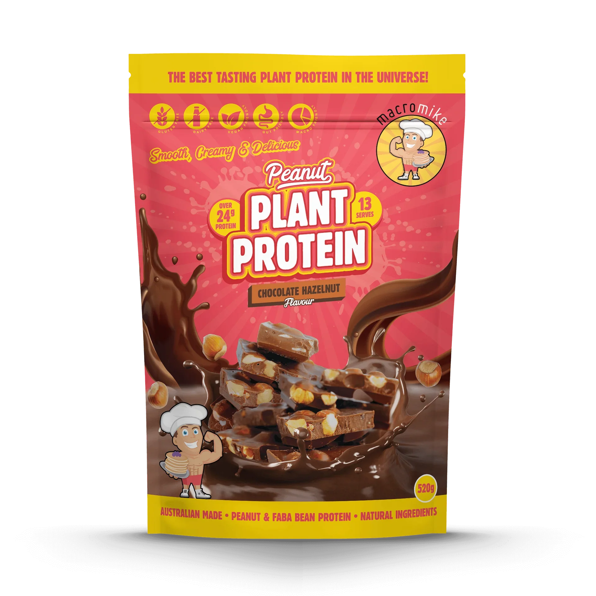 Macro Mike plant-based protein powder in chocolate hazelnut flavor, 520g bag, front view showing product packaging.