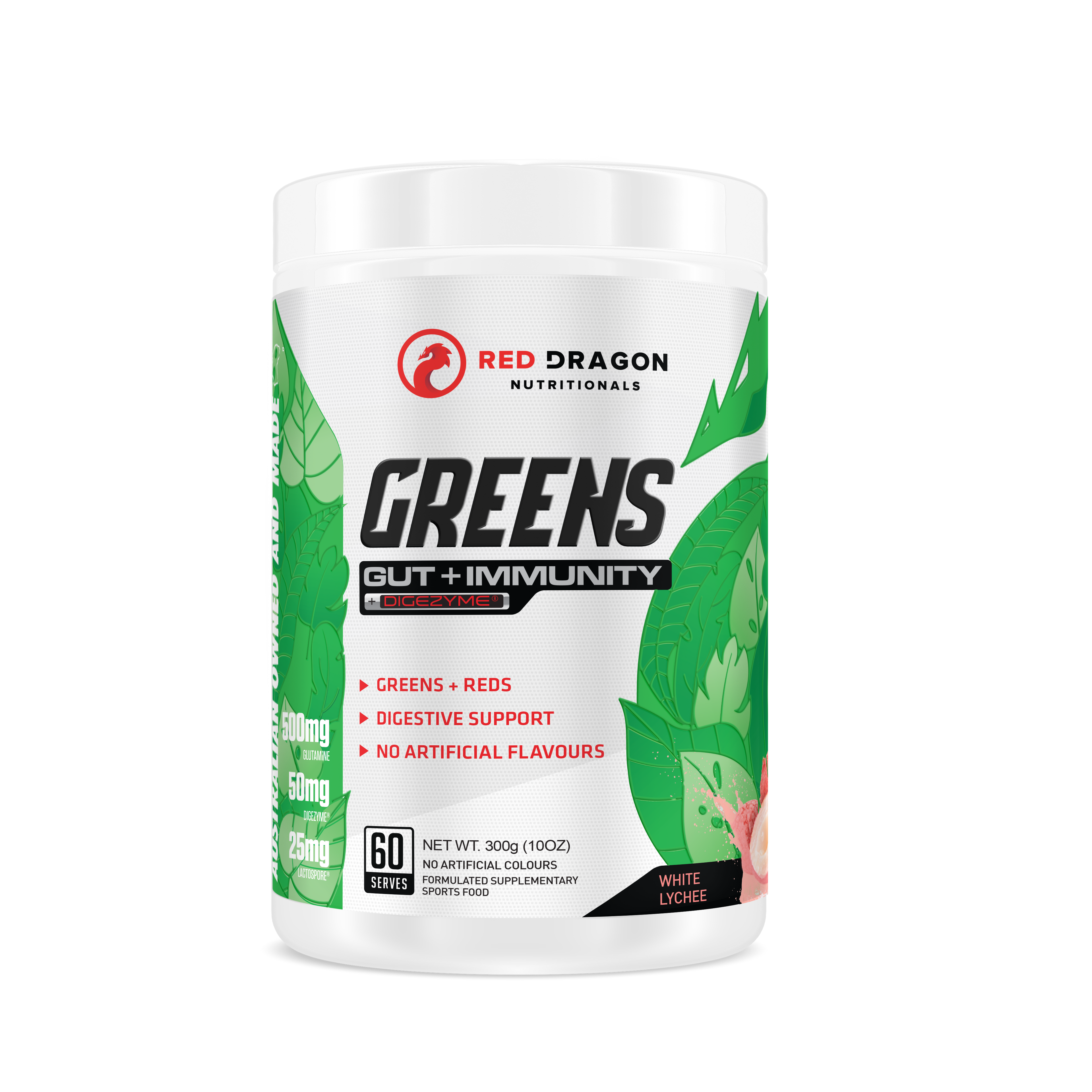 Red Dragon Nutritionals RDN Greens Gut + Immunity powder with lychee flavor, featuring vibrant green powder in a container.