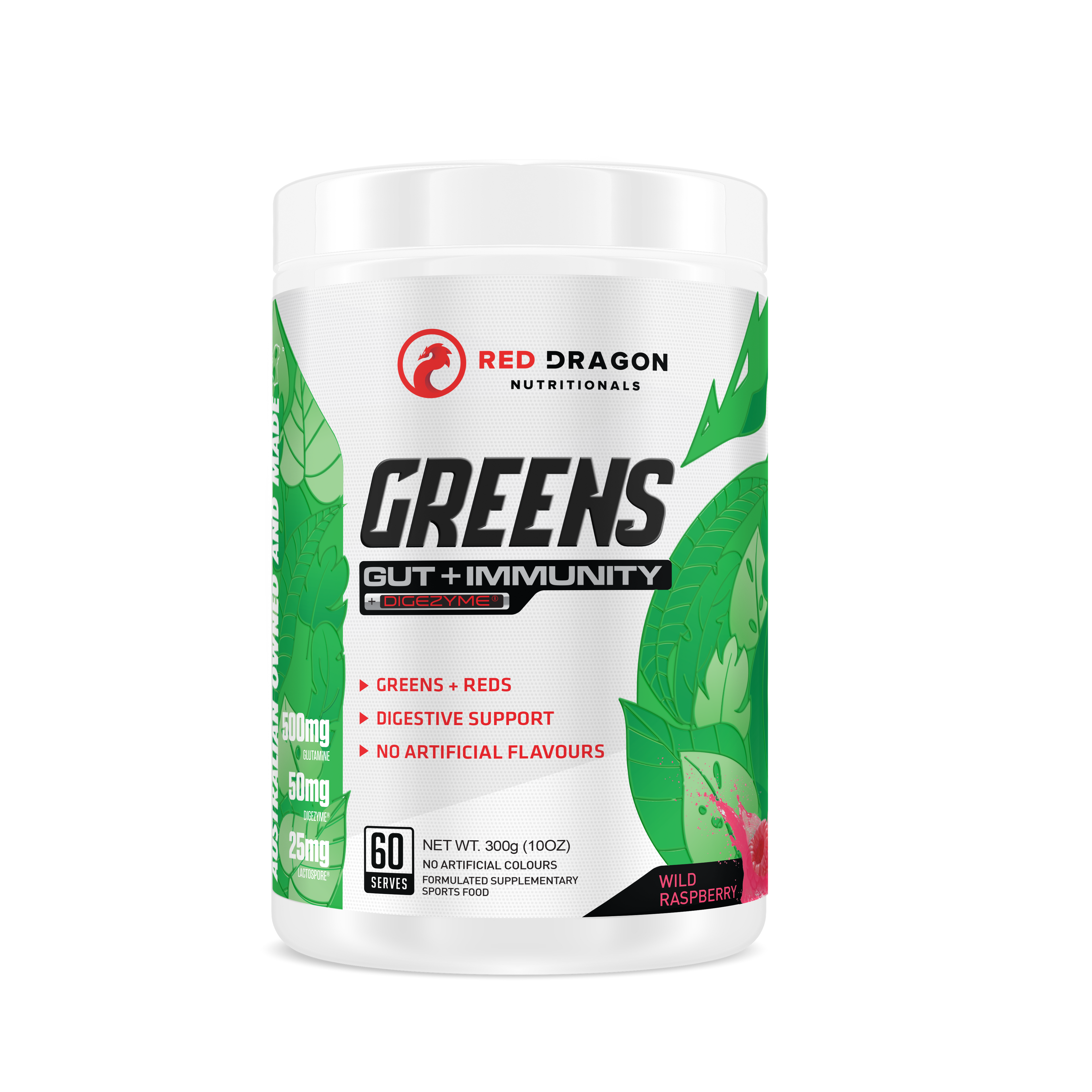 Red Dragon Nutritionals RDN Greens Gut + Immunity supplement container with vibrant label, emphasizing gut health and immunity support.