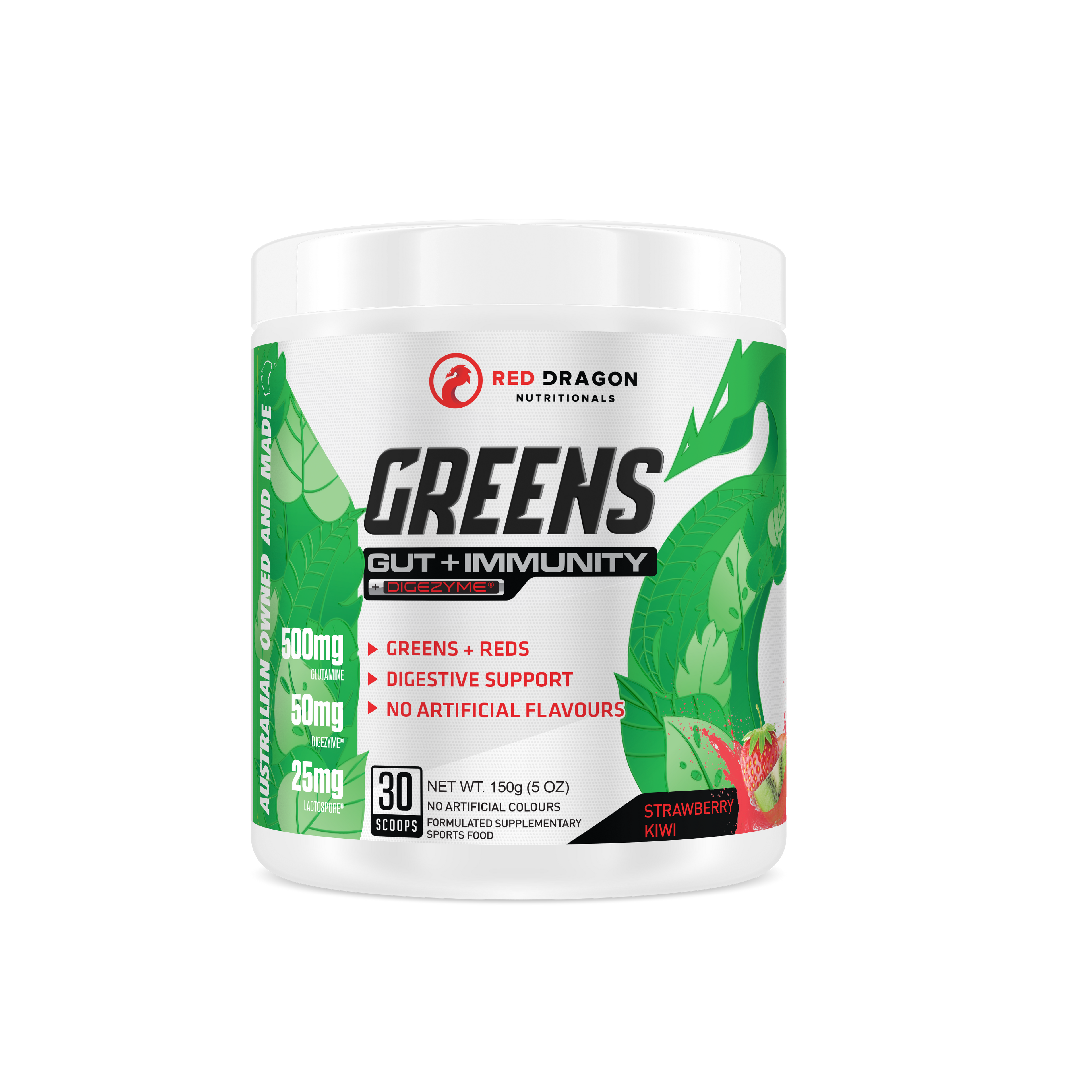 Red Dragon Nutritionals RDN Greens Gut + Immunity powder with strawkiwi flavor, shown in the product packaging.