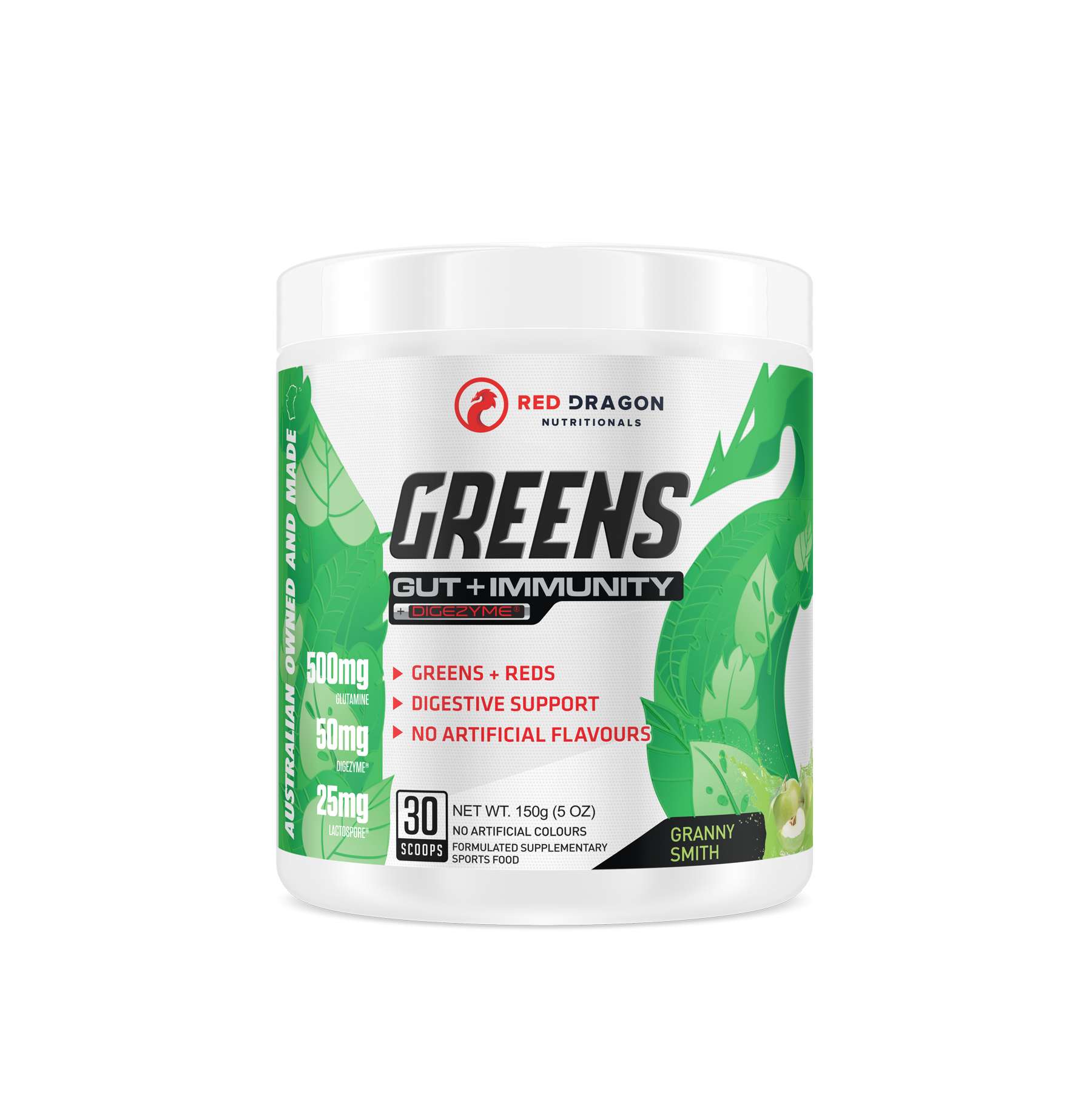 Red Dragon Nutritionals RDN Greens Gut + Immunity powder with apple flavor, showing a vibrant green supplement pack.
