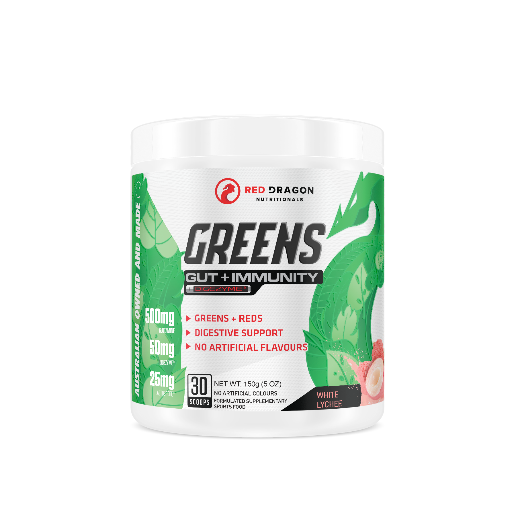 Red Dragon Nutritionals RDN Greens Gut + Immunity supplement in a white lychee-flavored powder form.