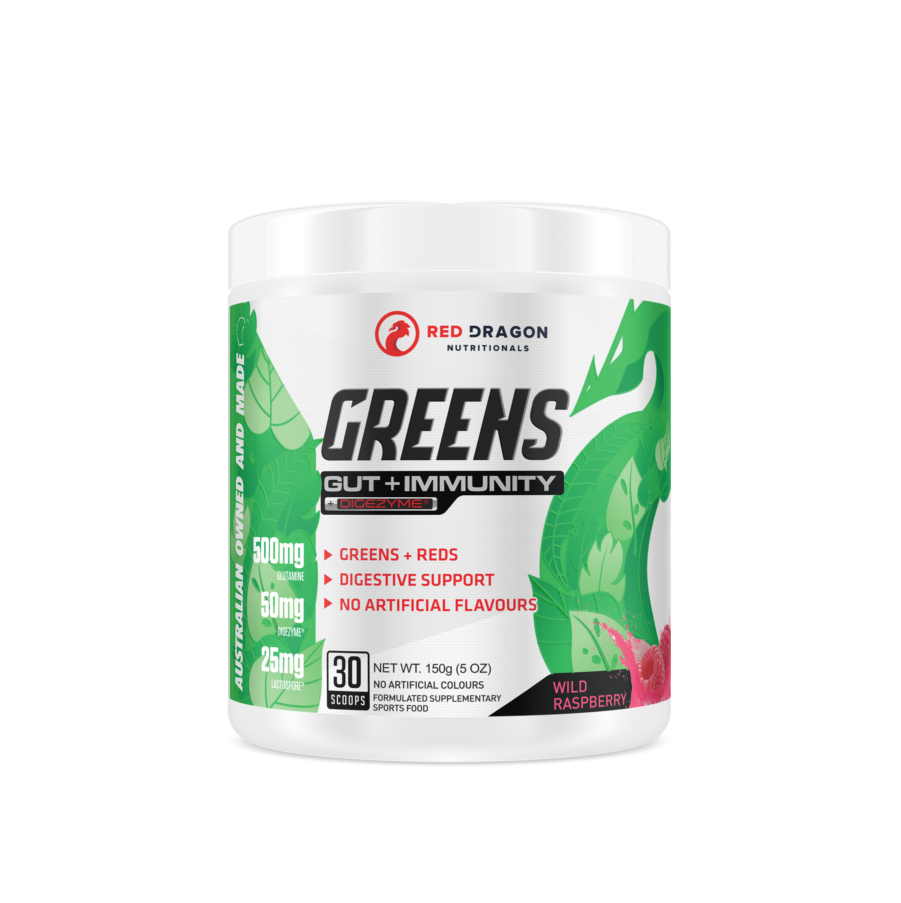 Red Dragon Nutritionals RDN Greens Gut + Immunity supplement featuring vibrant wild raspberry flavor and fresh green ingredients.
