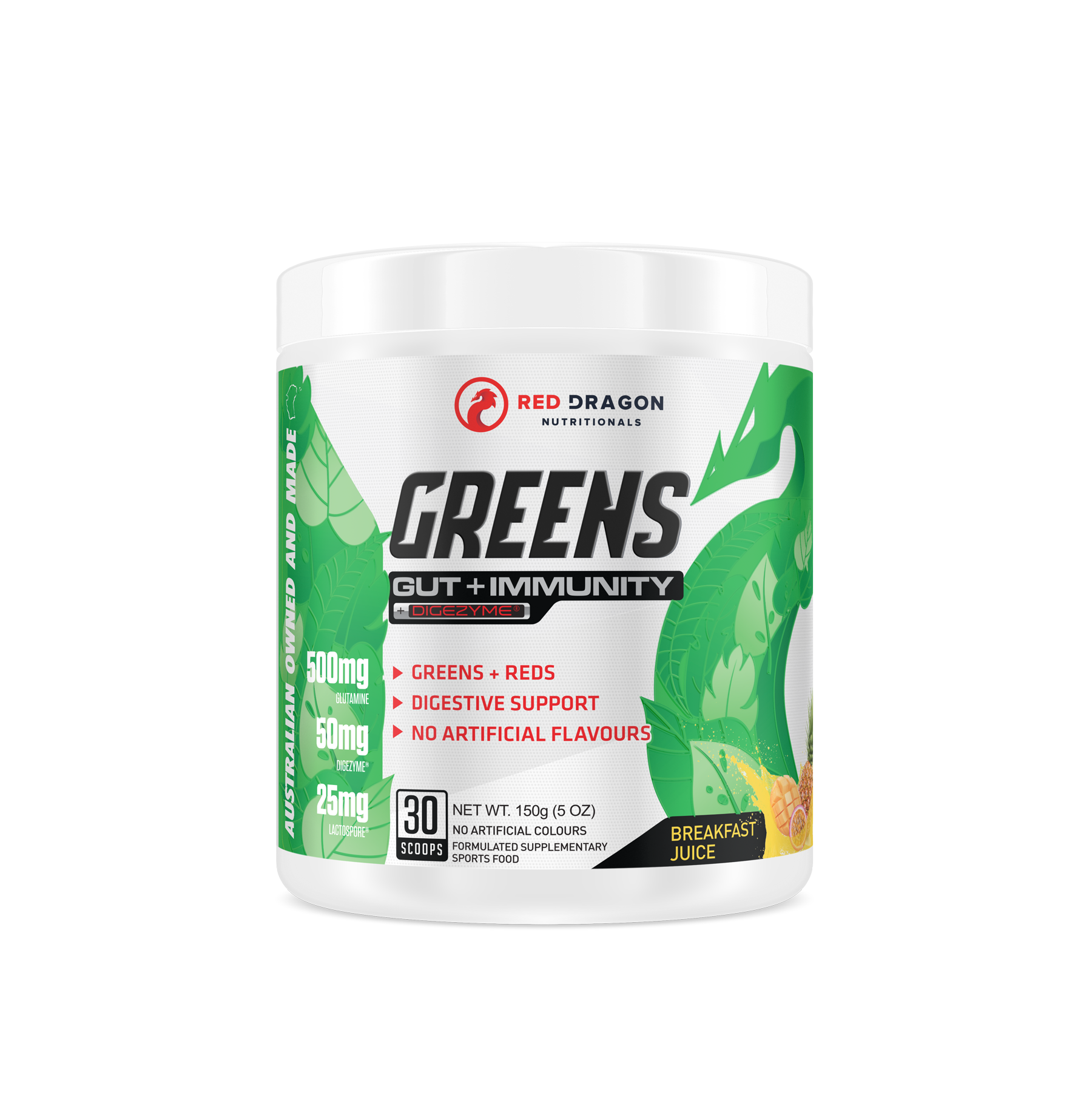 Red Dragon Nutritionals RDN GREENS GUT + IMMUNITY powder in a container with green and white label, showcasing the supplement's packaging.