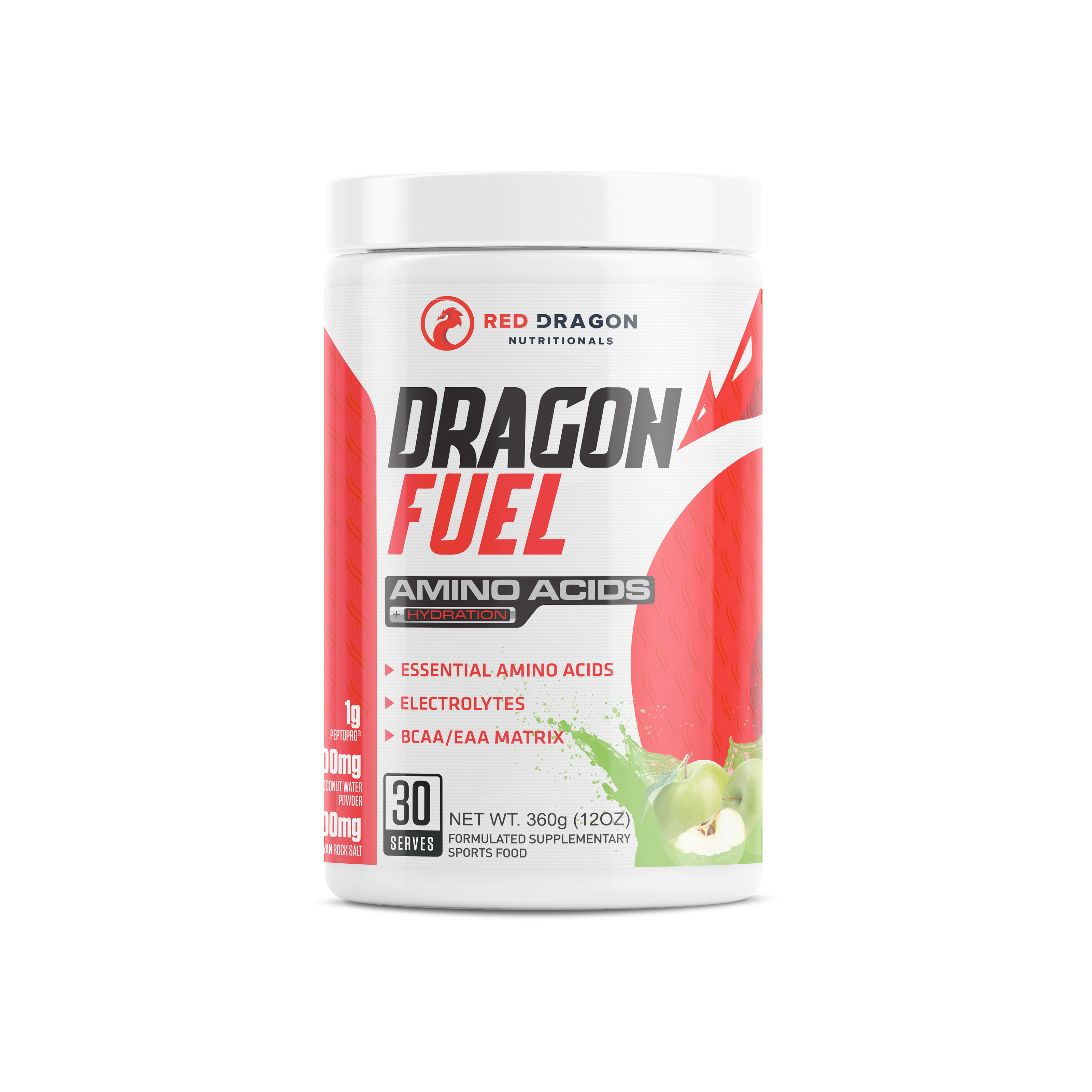 Red Dragon Nutritionals Dragon Fuel Aminos + Hydration powder in a bright orange container with a label featuring dragon imagery and flavor details.