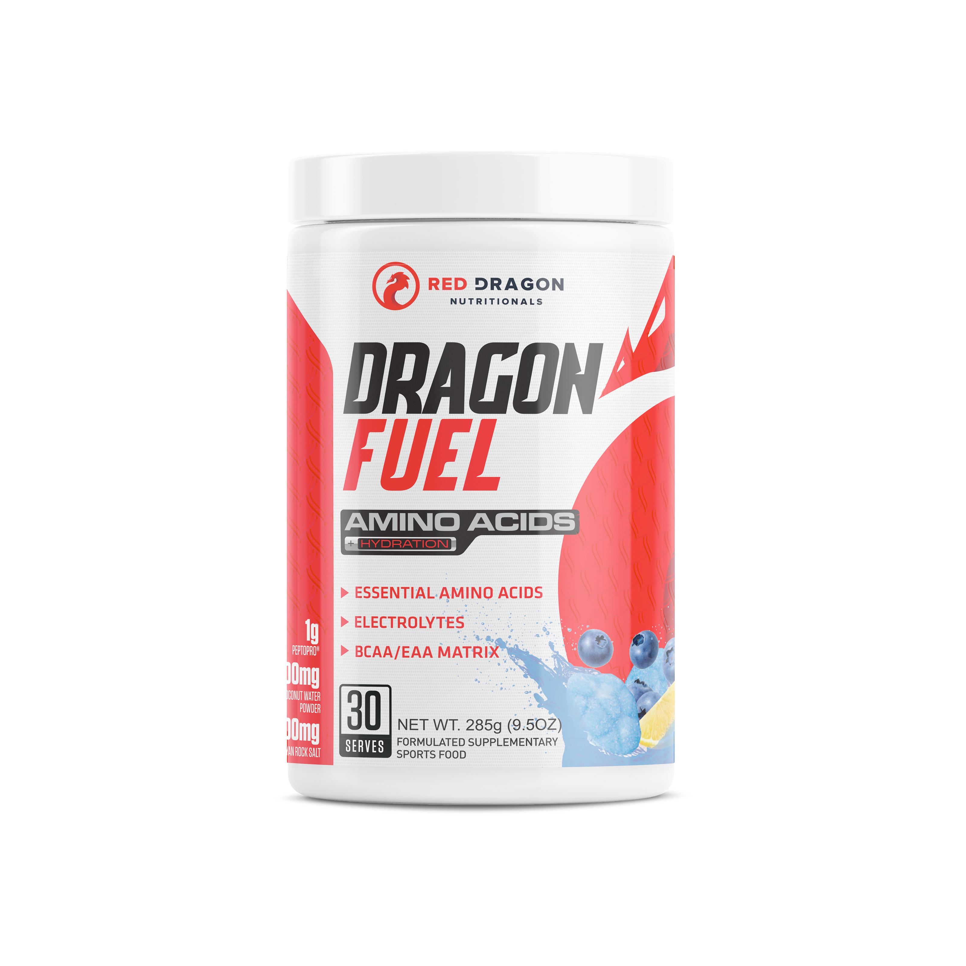 Red Dragon Nutritionals Dragon Fuel Aminos + Hydration powder in blue container, with blue and white label, showing supplement packaging.
