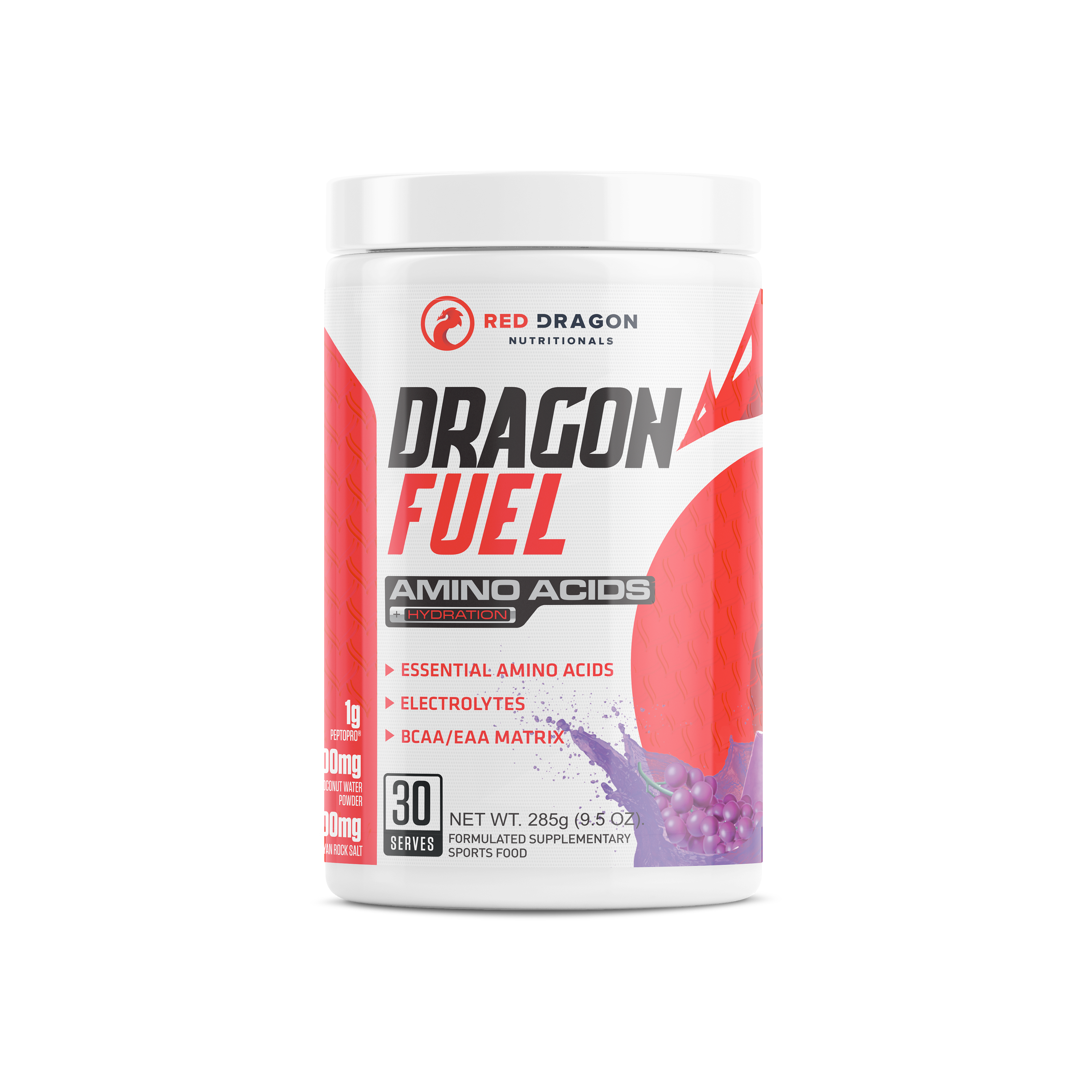 Red Dragon Nutritionals Dragon Fuel Aminos and Hydration powder in grape flavor, showing a container with supplement powder and scoop.