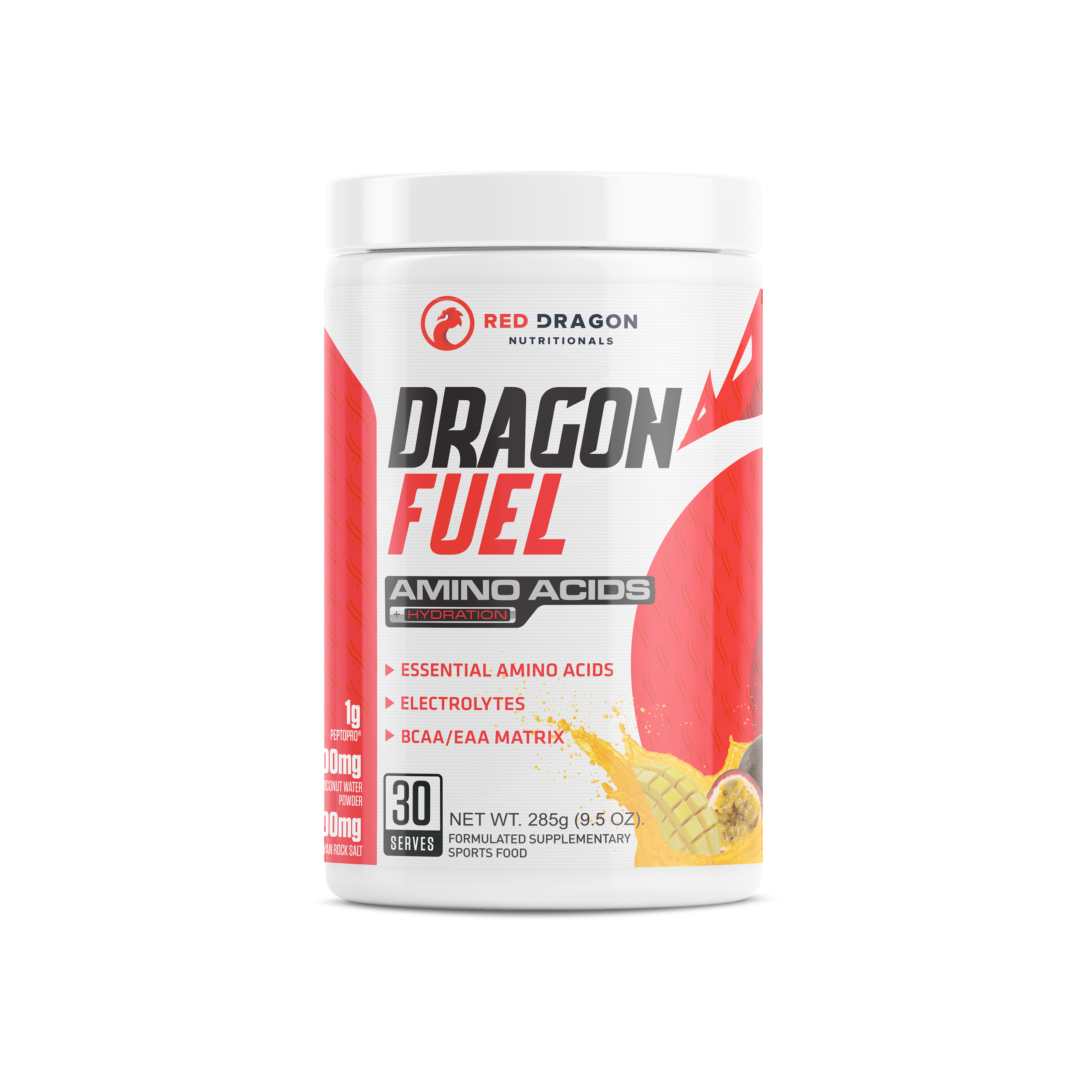 Red Dragon Nutritionals Dragon Fuel Aminos + Hydration drink in mango flavor, with a vibrant orange liquid and a branded container.