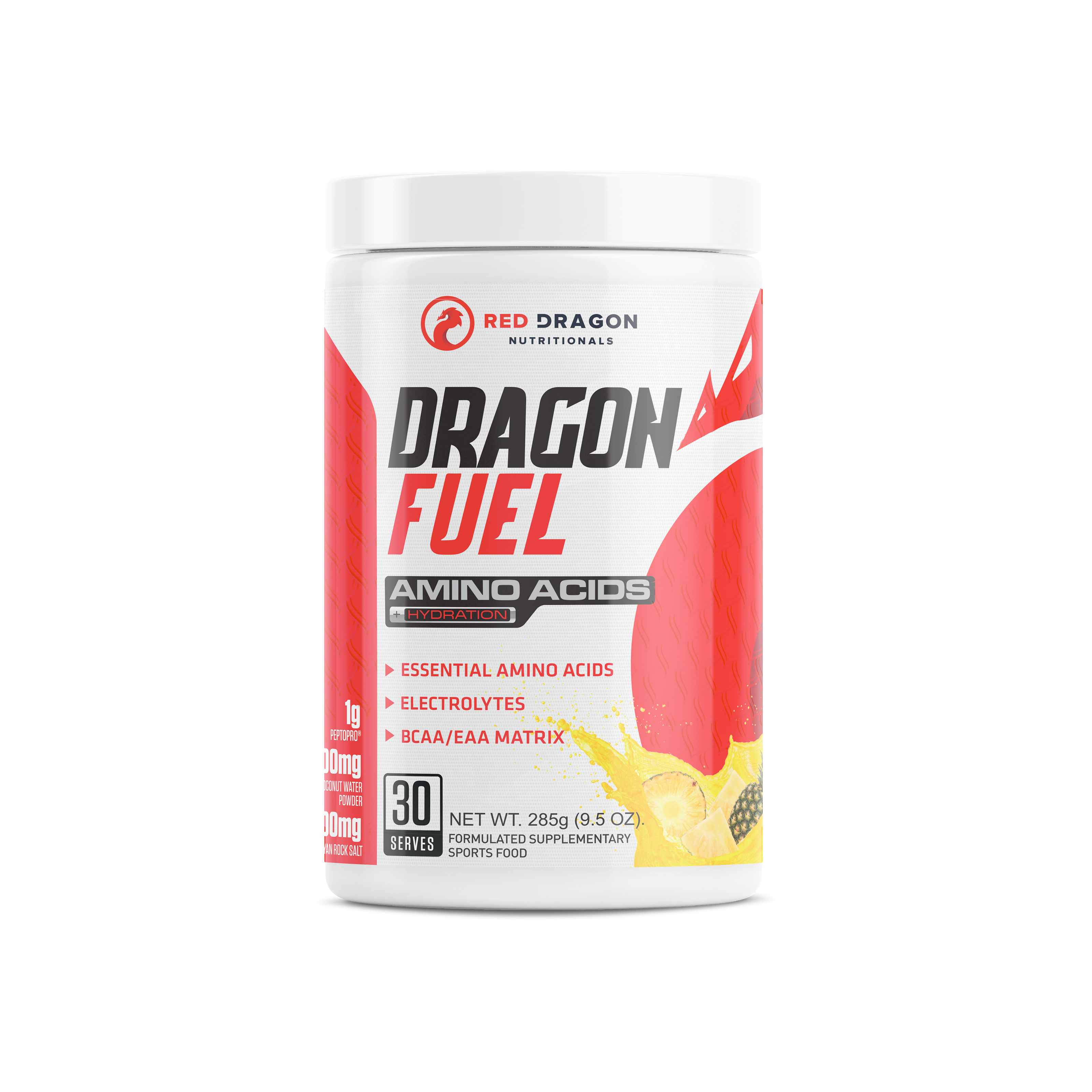 Red Dragon Nutritionals Dragon Fuel Aminos and Hydration powder in pineapple flavor, showing the colorful container and scoop.