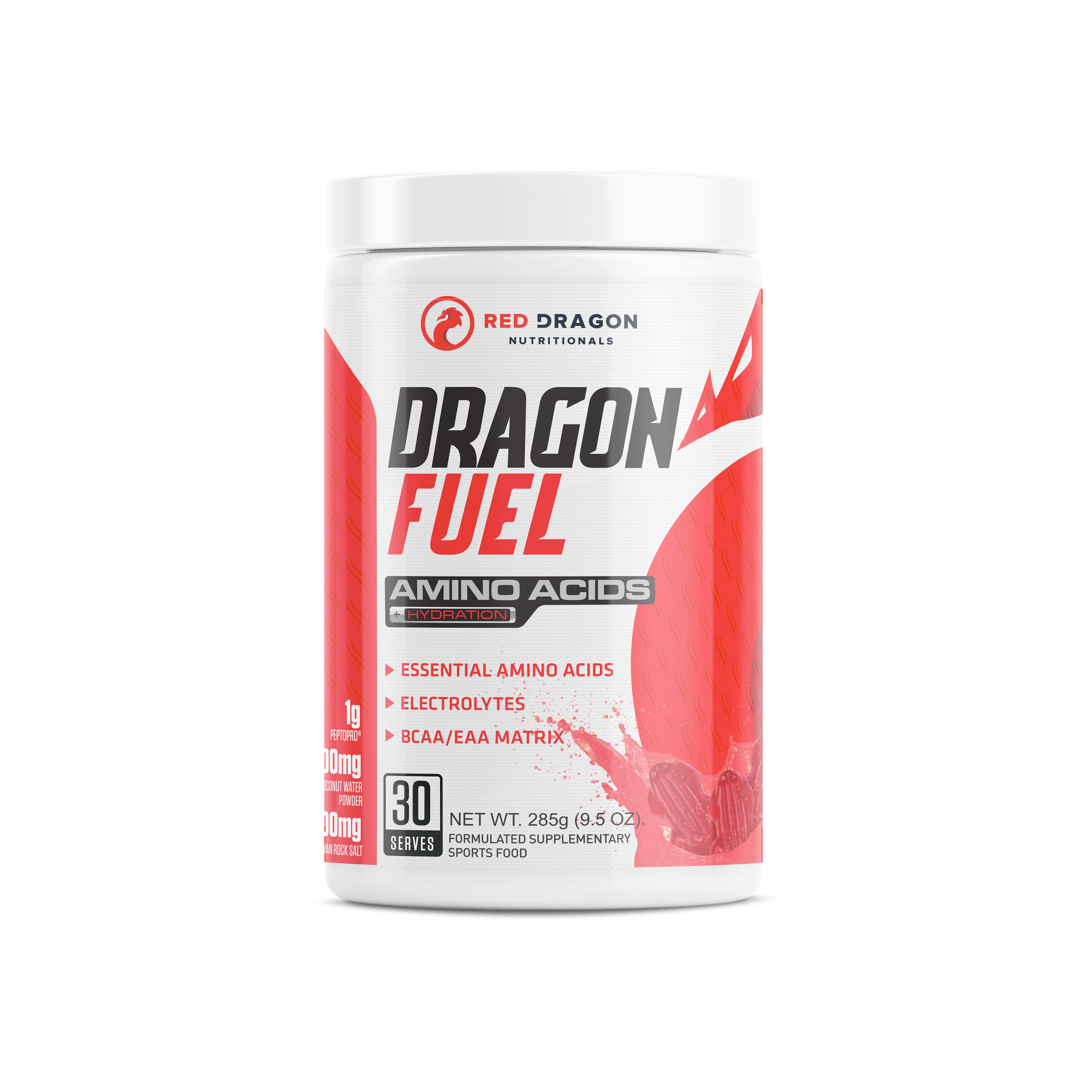 Red Dragon Nutritionals Dragon Fuel Aminos and Hydration supplement with a red frog logo, designed for energy and hydration.