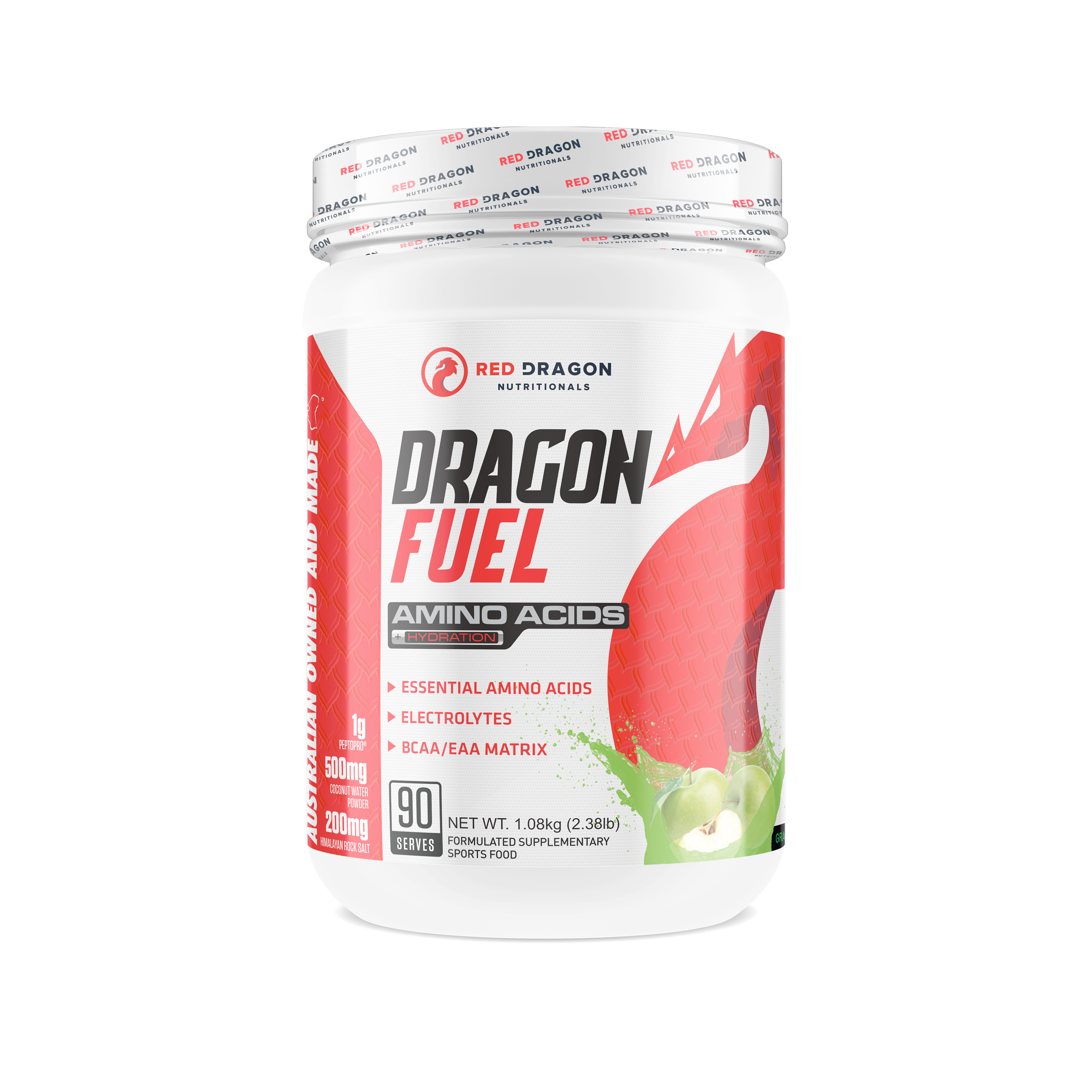 Red Dragon Nutritionals Dragon Fuel Aminos and Hydration supplement in a 60-serving container with apple flavor.