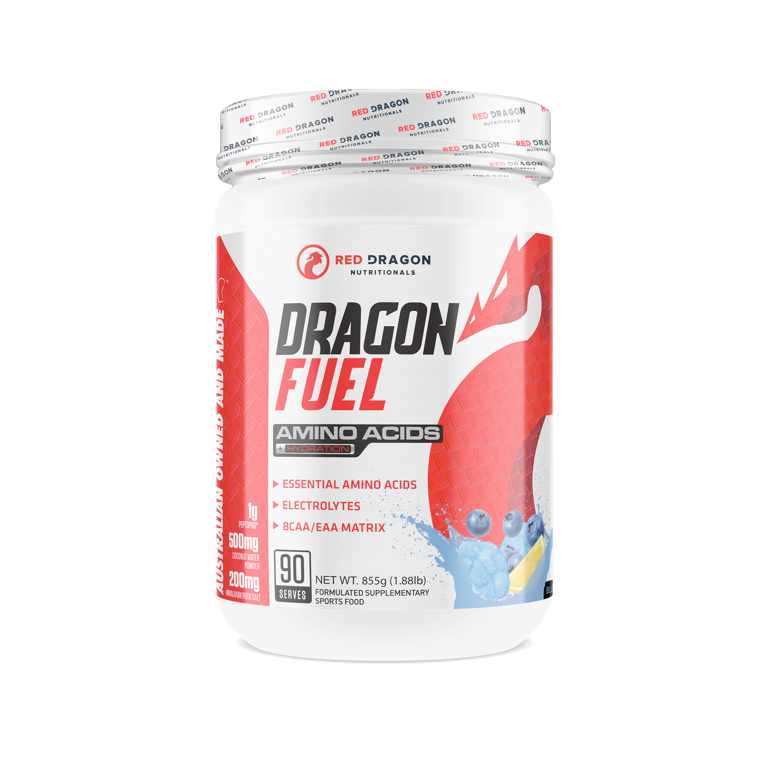 Red Dragon Nutritionals Dragon Fuel Aminos and Hydration drink mix in blue cloud flavor, featuring a vibrant blue packaging design.