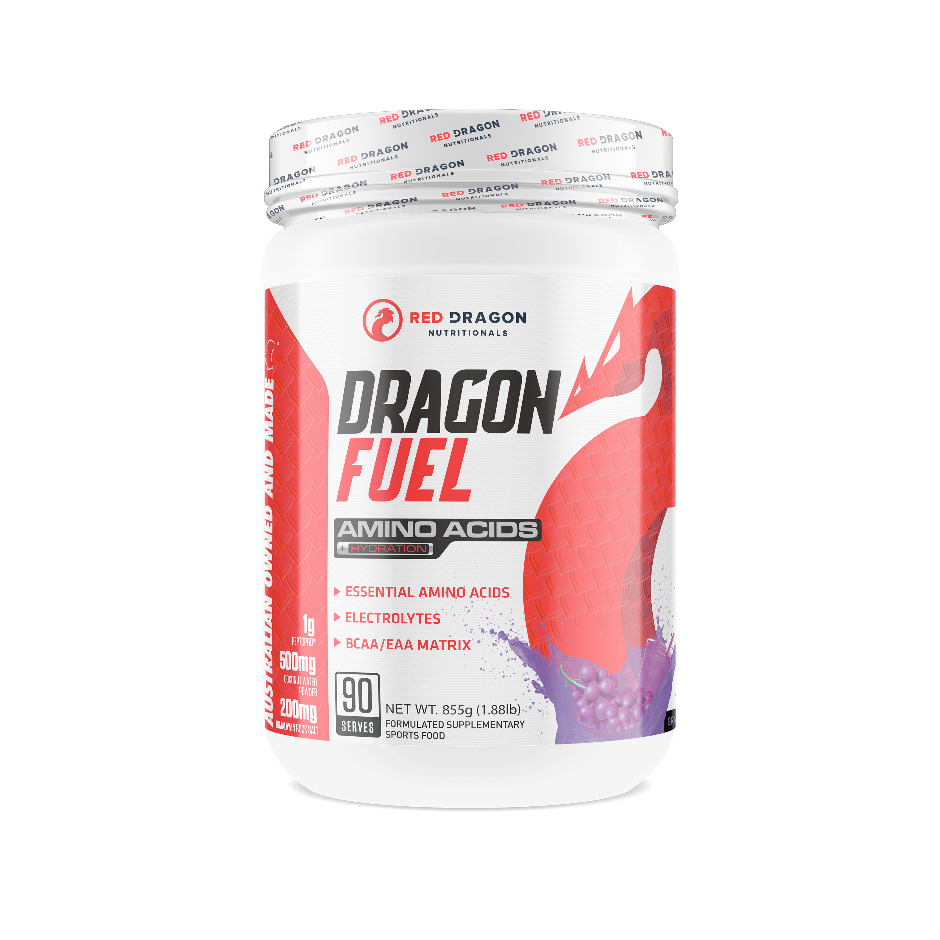 Red Dragon Nutritionals Dragon Fuel Aminos + Hydration powder in grape flavor, featuring a vibrant purple container and scoop.
