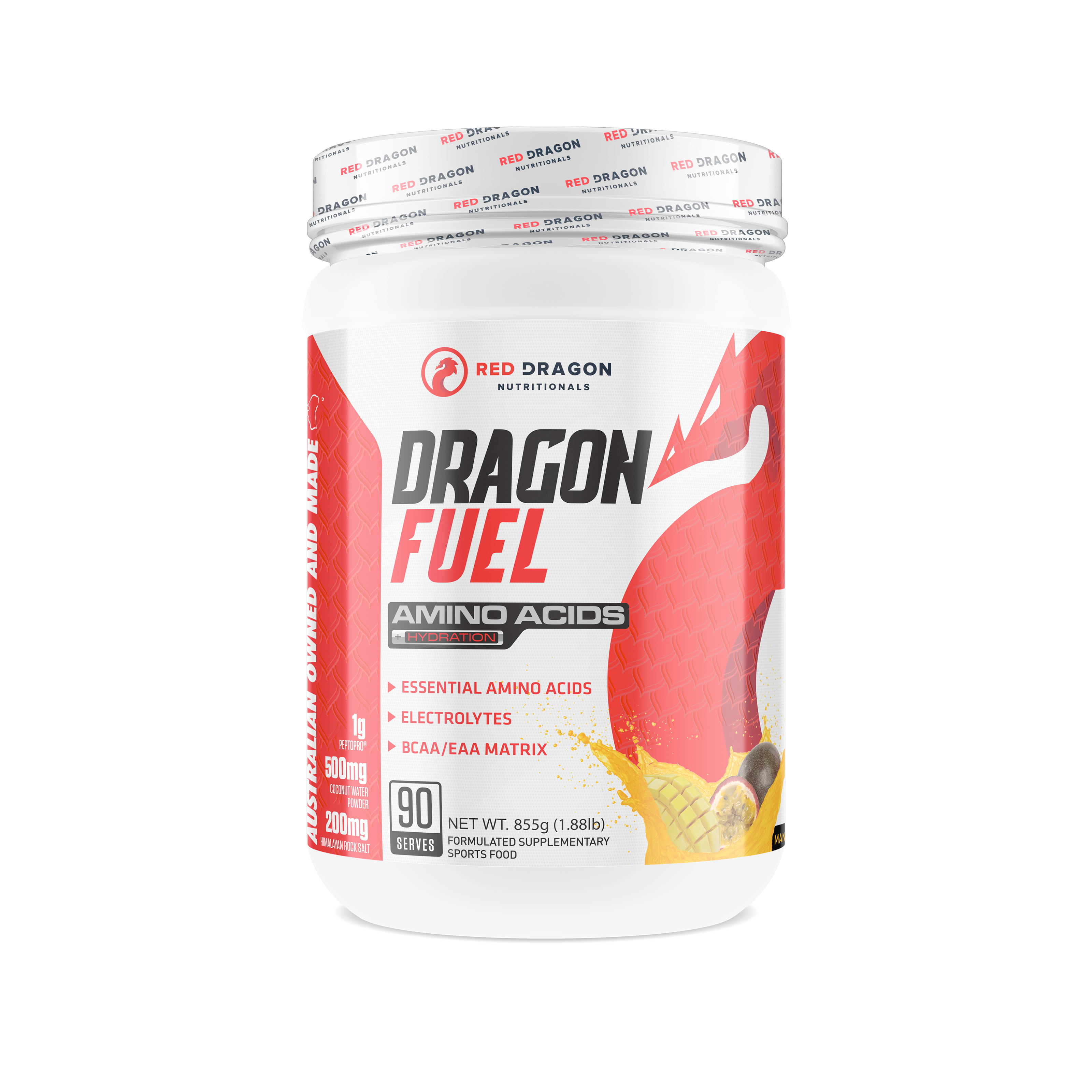Red Dragon Nutritionals Dragon Fuel Aminos with Hydration flavor in a container, featuring mango passion fruit on the label.