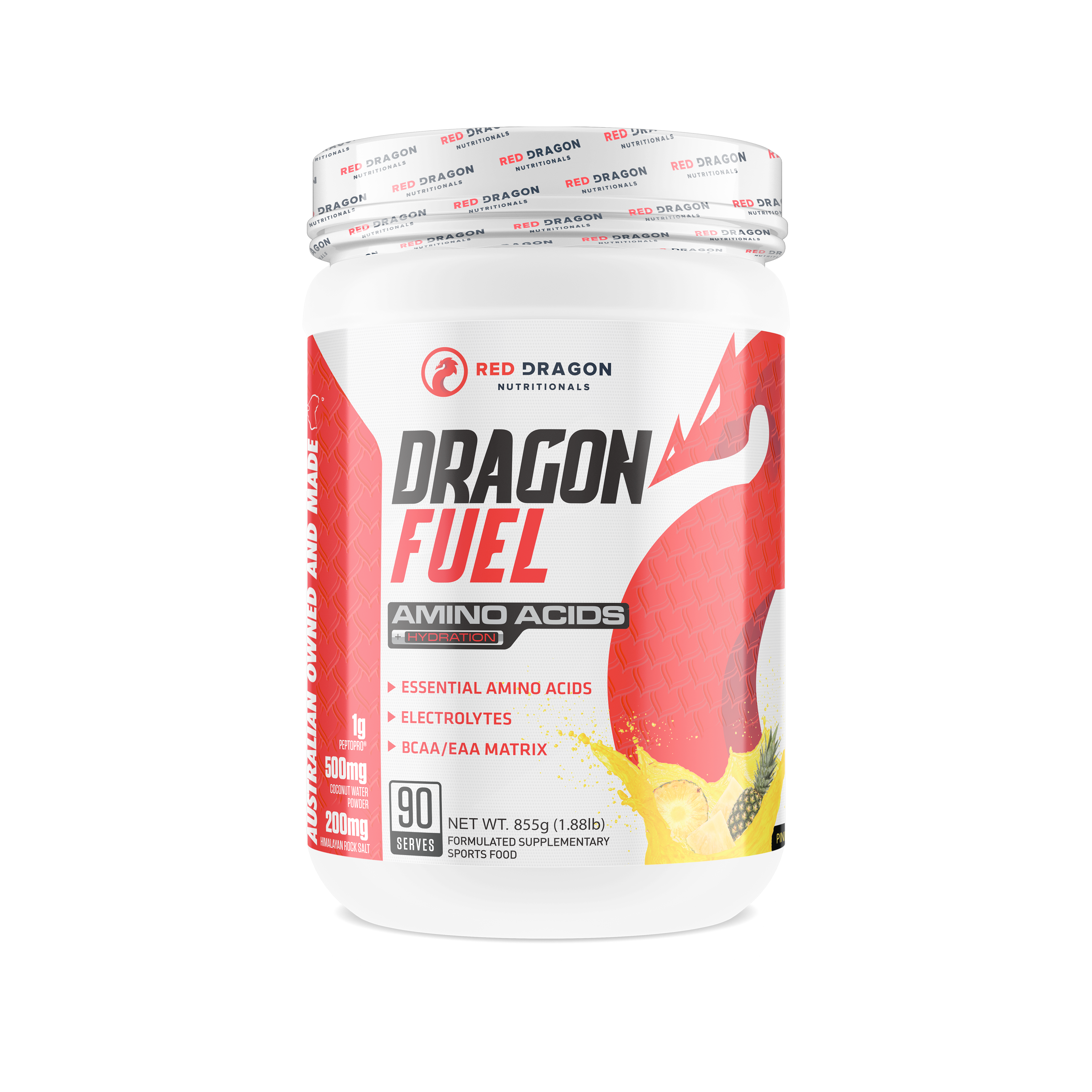 Red Dragon Nutritionals Dragon Fuel Aminos and Hydration powder in a pineapple flavor, shown in a resealable container with a pineapple image.
