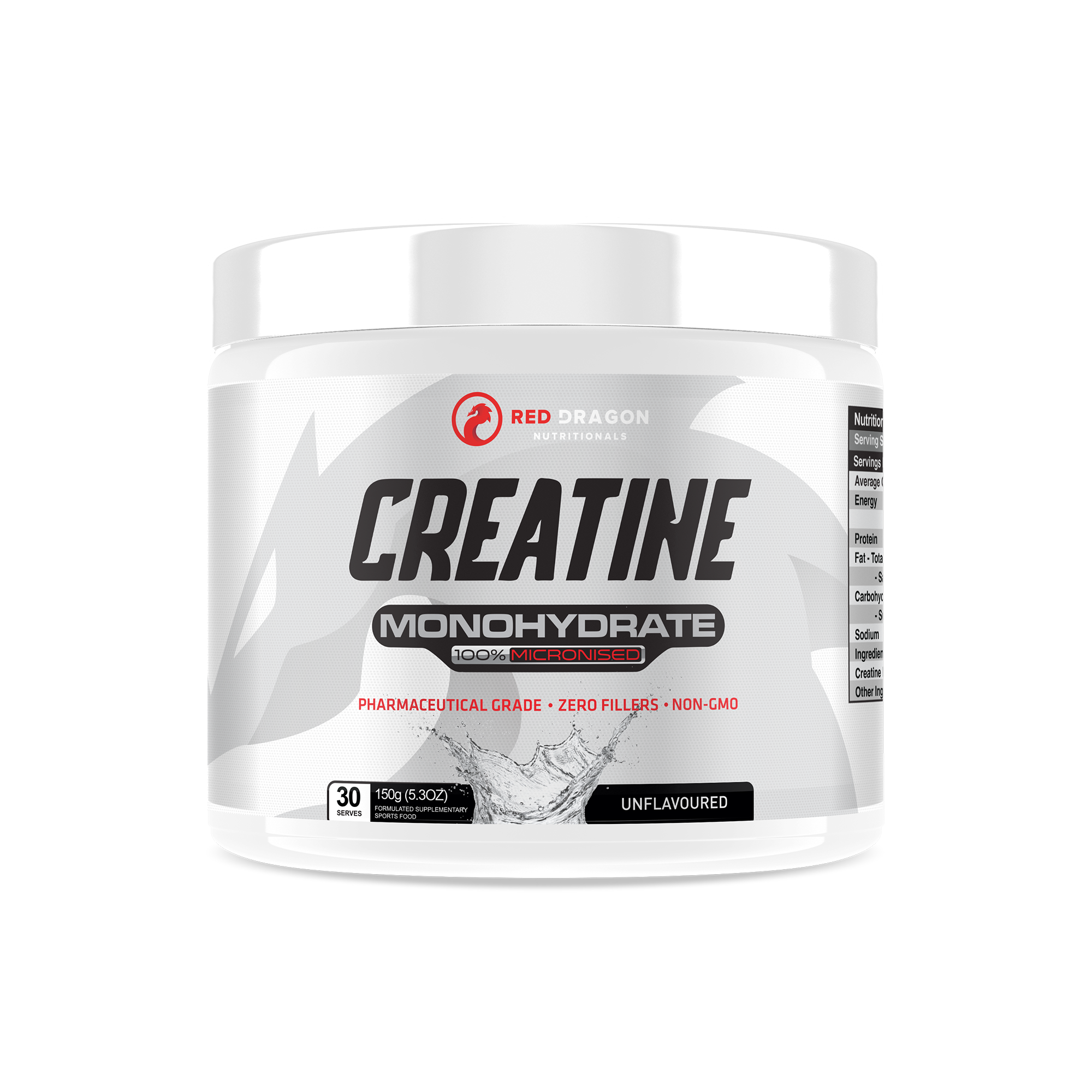 Red Dragon Nutritionals RDN Creatine Monohydrate powder in a container, used for muscle building and athletic performance.