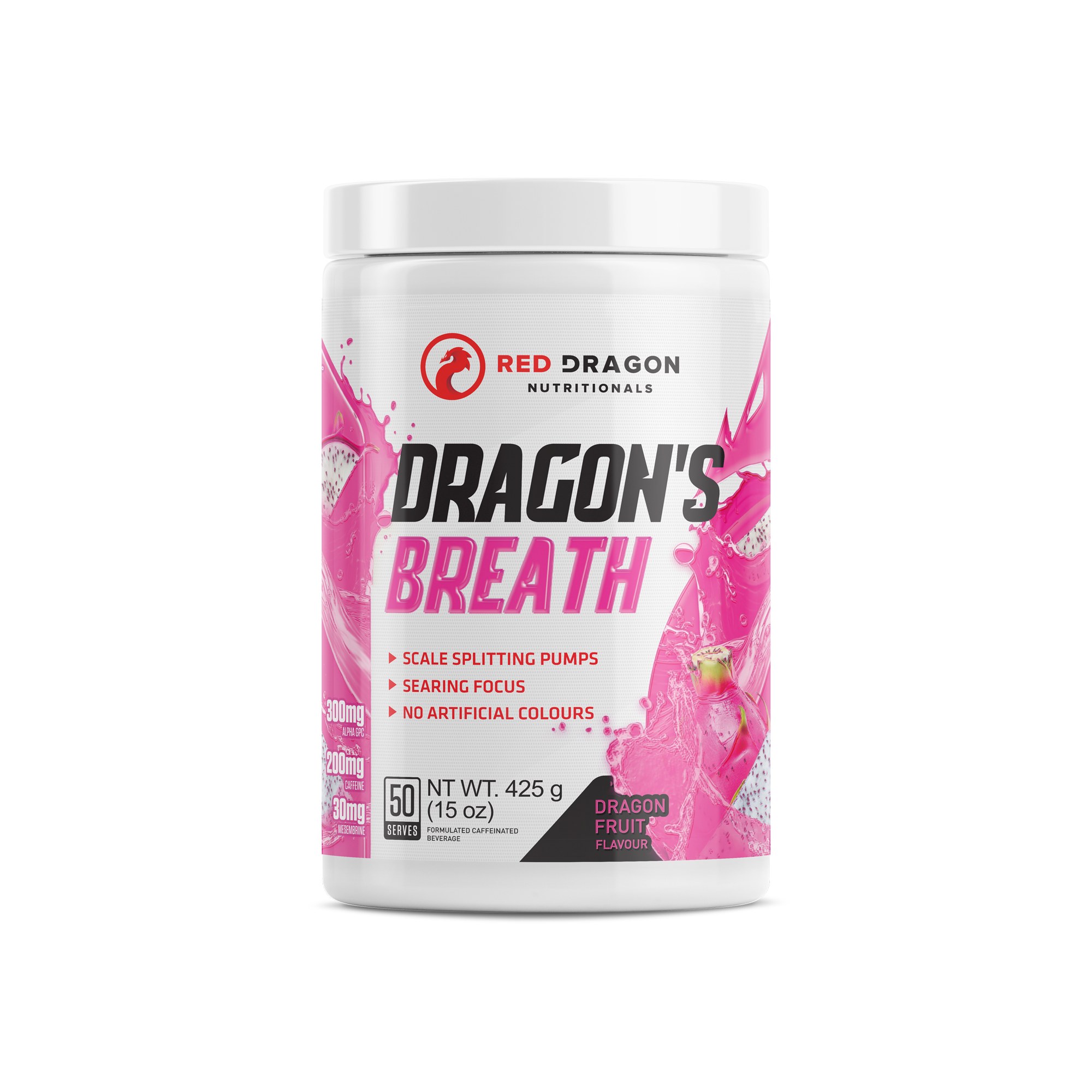 Red Dragon Nutritionals Dragons Breath Pre-Workout powder with dragonfruit flavor in a colorful container.