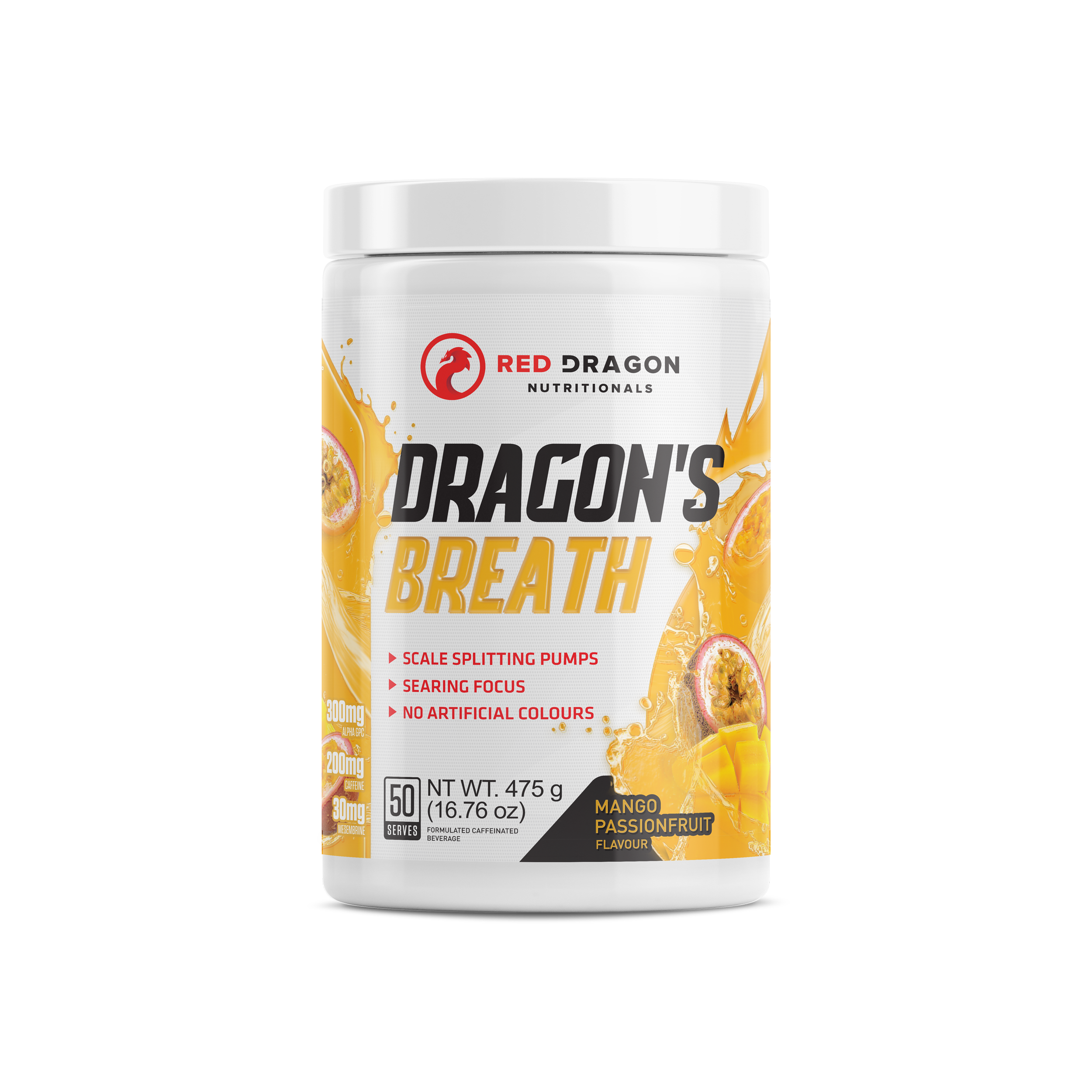 Red Dragon Nutritionals Dragons Breath Pre-Workout with mango passion flavor in a vibrant container, ready for intense training.