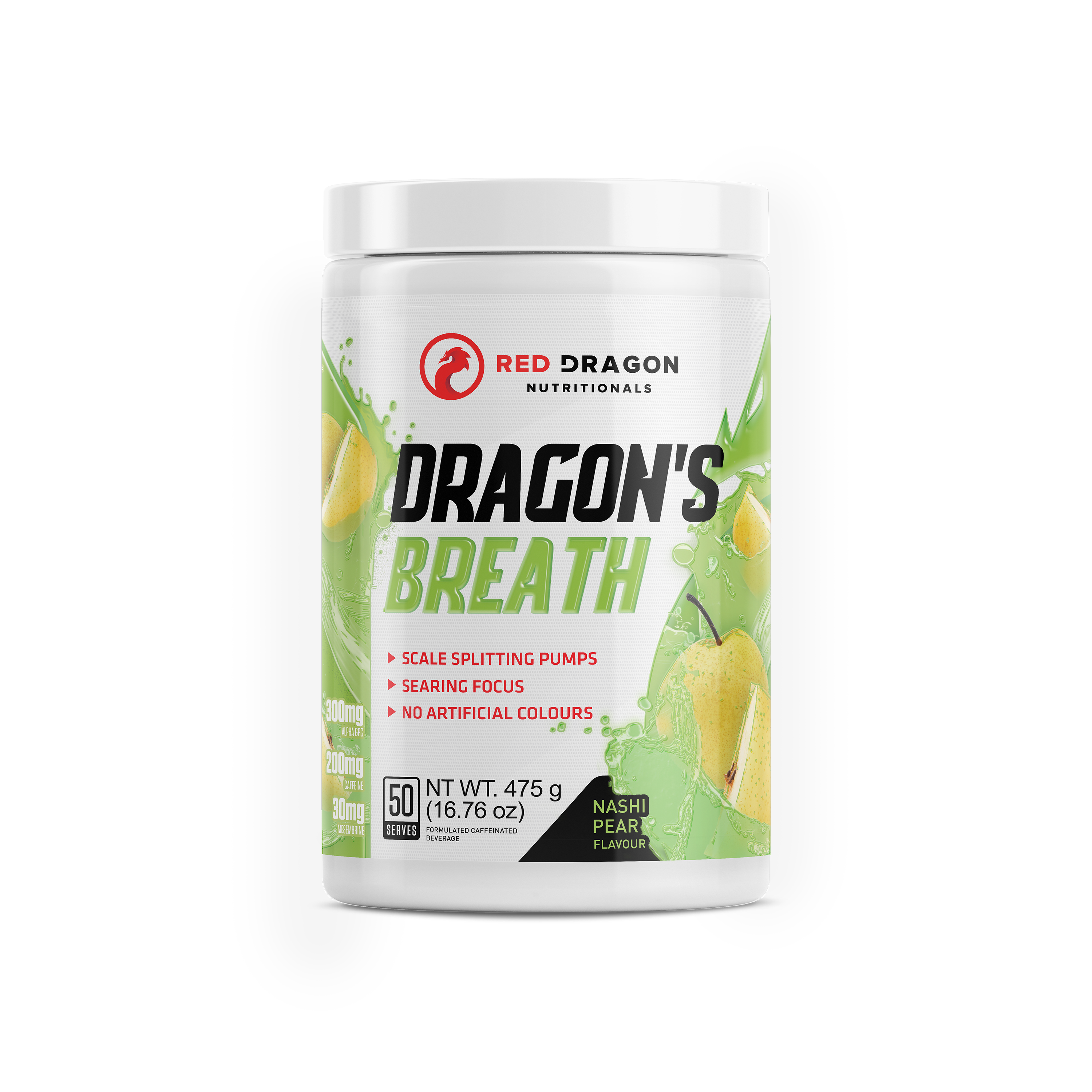 Red Dragon Nutritionals Dragons Breath Pre-Workout powder in a container with a vibrant label and scoop, ready for mixing.