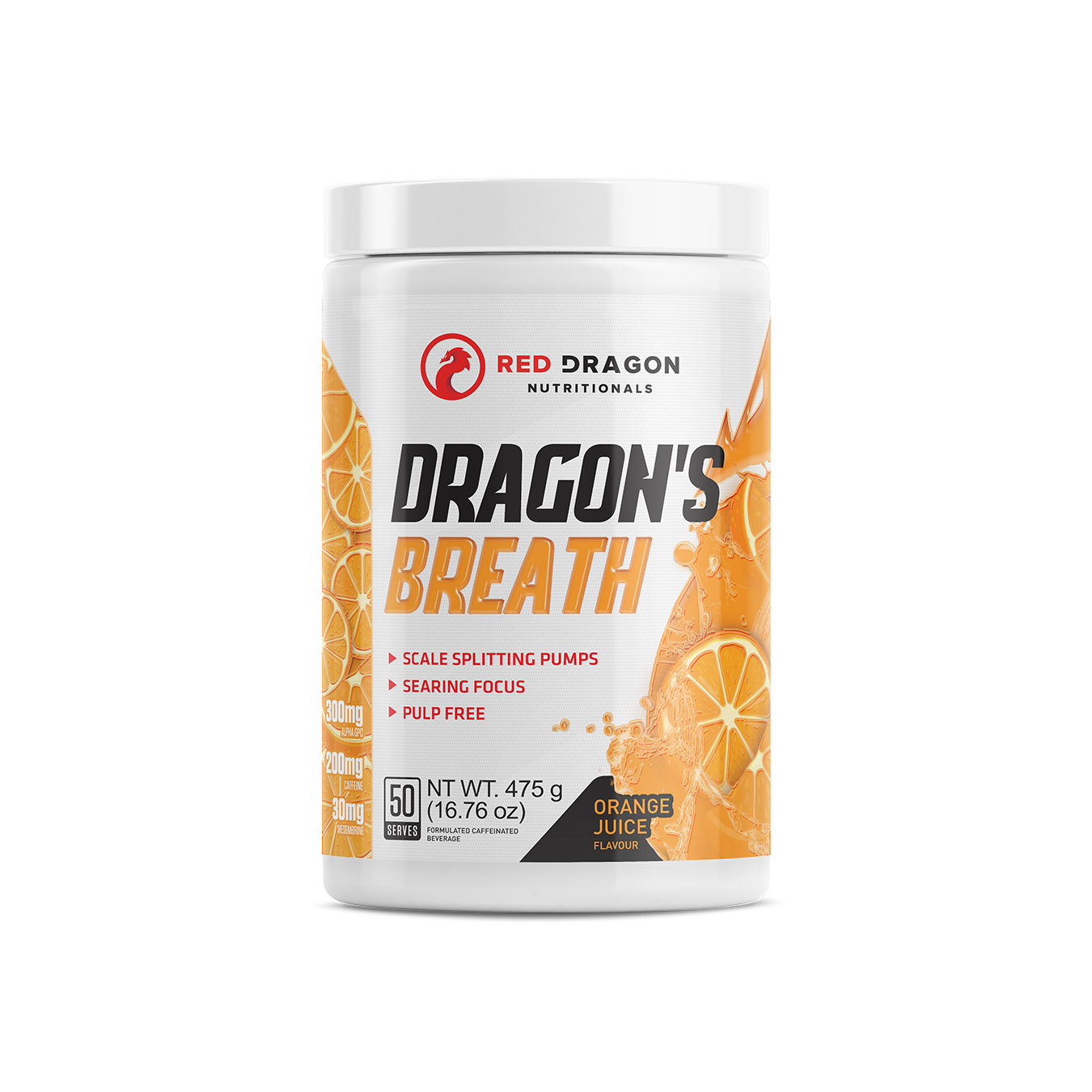 RDN Dragons Breath Pre Workout by Red Dragon Nutritionals, orange flavor, energetic supplement with vibrant orange packaging.