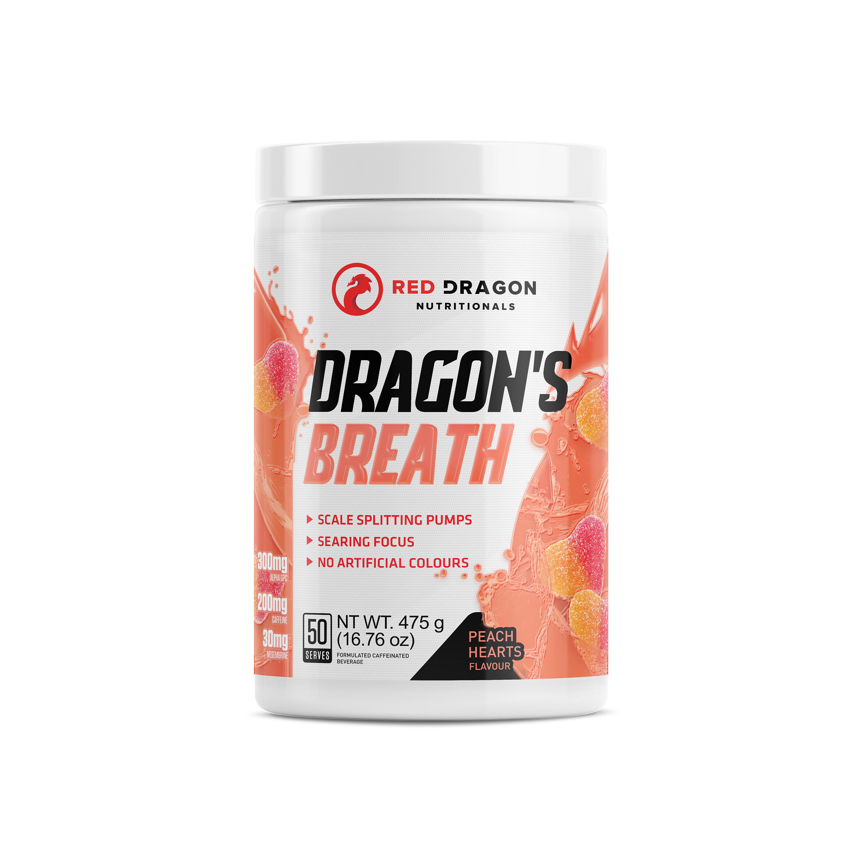 Red Dragon Nutritionals Dragons Breath Pre Workout powder in peach flavor, showcasing the colorful packaging and product label.