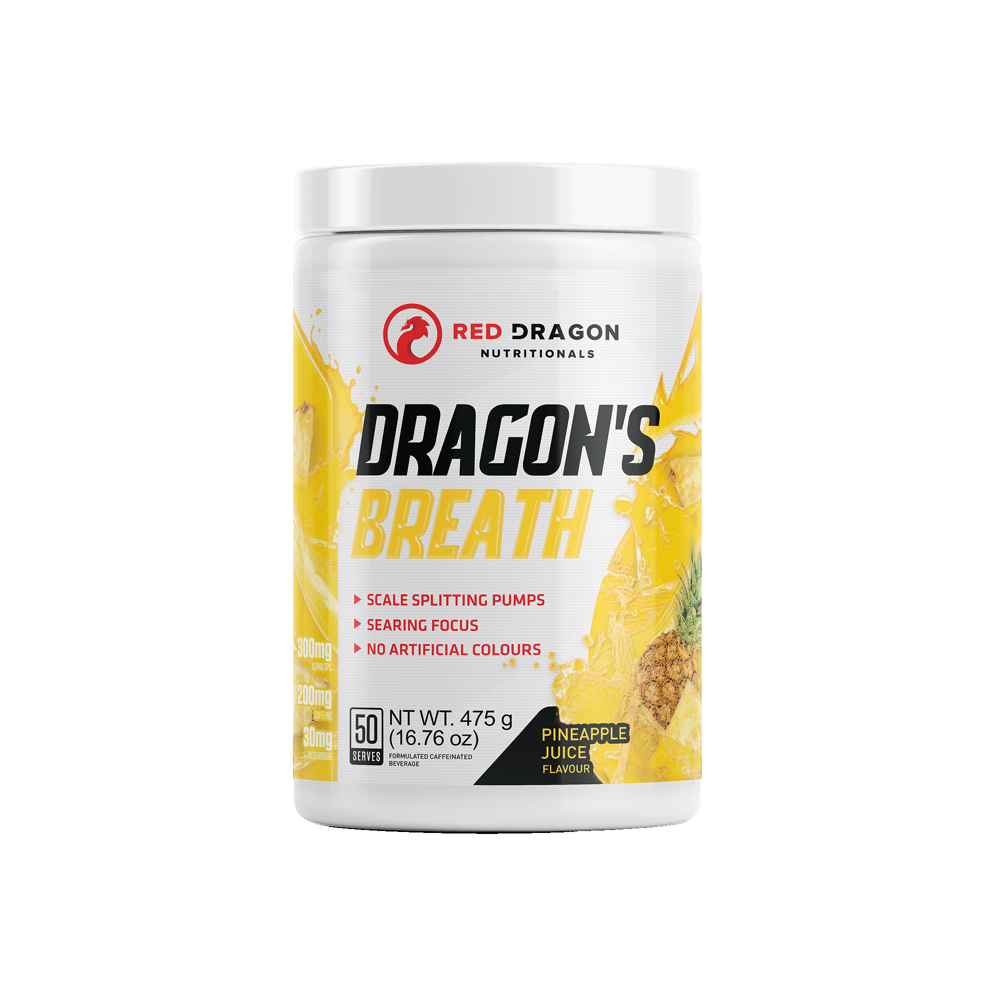 Red Dragon Nutritionals Dragons Breath Pre-Workout powder with pineapple flavor, displayed in a container with pineapple slices.