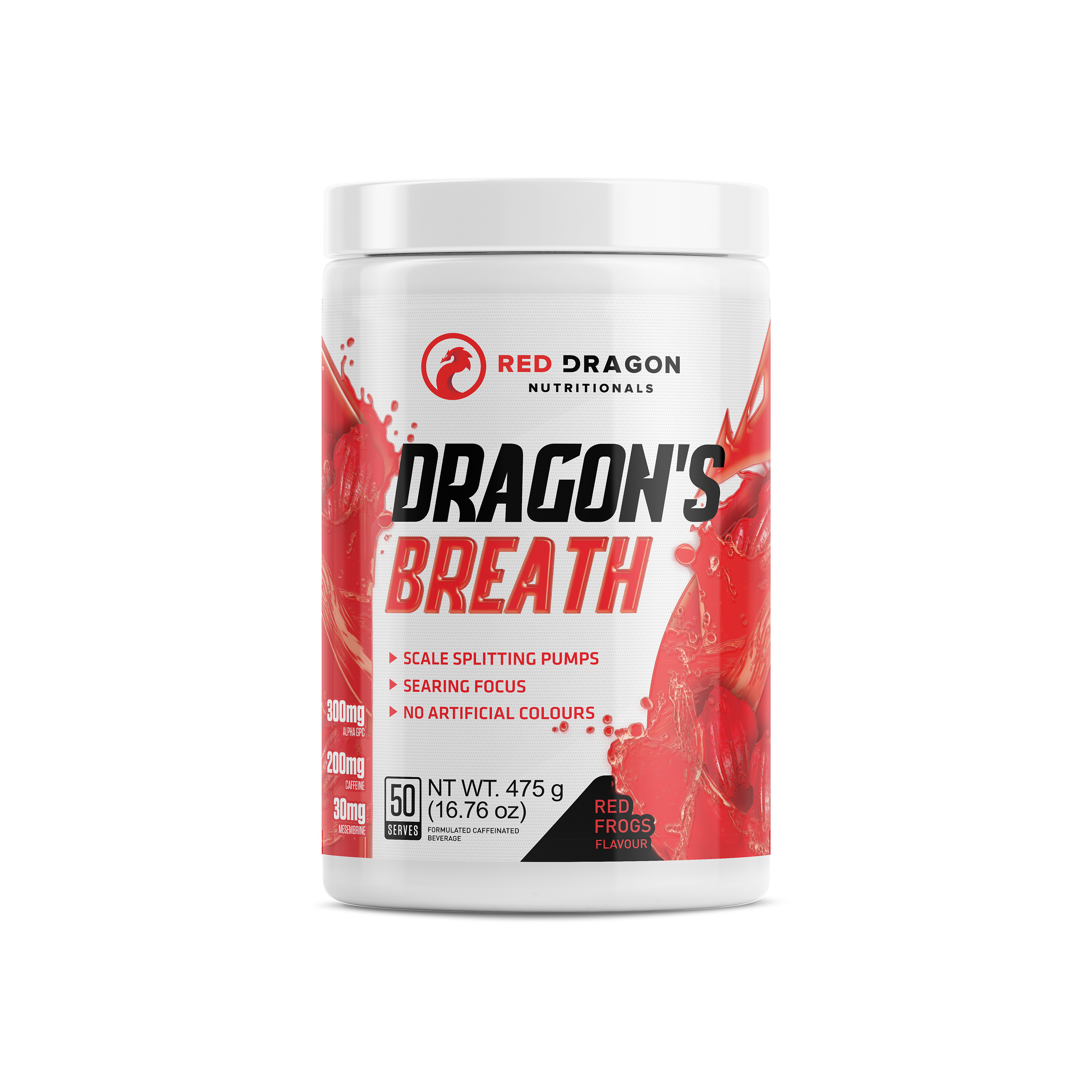 Red Dragon Nutritionals Dragons Breath Pre Workout in a red shaker bottle with a dragon logo and vibrant branding.