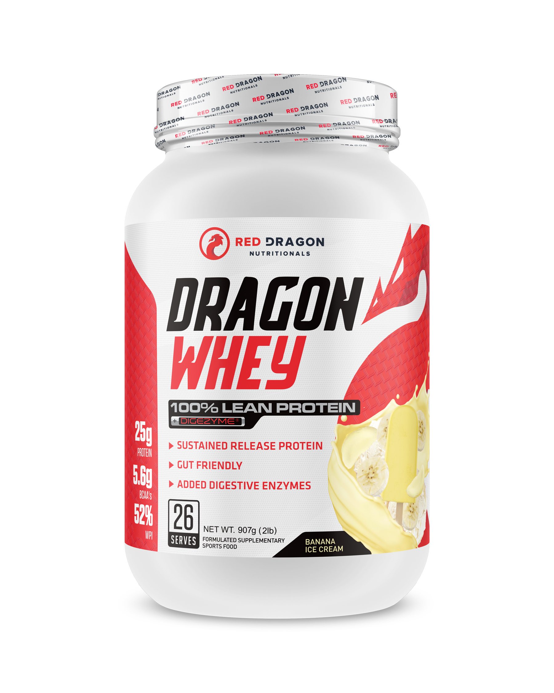 Red Dragon Nutritionals RDN Dragon Whey Protein container, 2lb size, with label displaying product details and brand logo.
