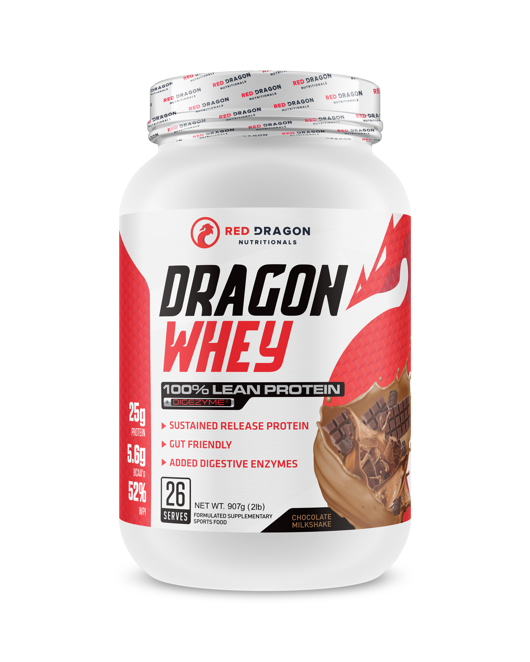 Red Dragon Nutritionals Dragon Whey Protein in 2lb chocolate flavor, visible container with label and scoop included