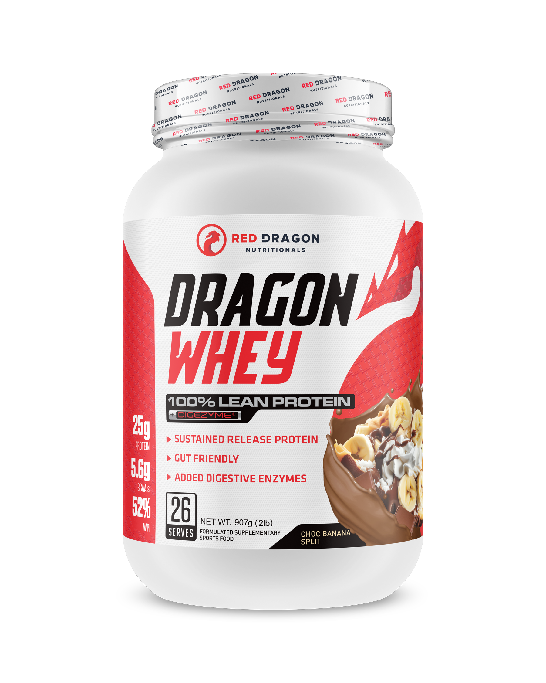 Red Dragon Nutritionals Dragon Whey Protein in chocolate banana flavor, 2lb container, showcasing the product packaging and label.