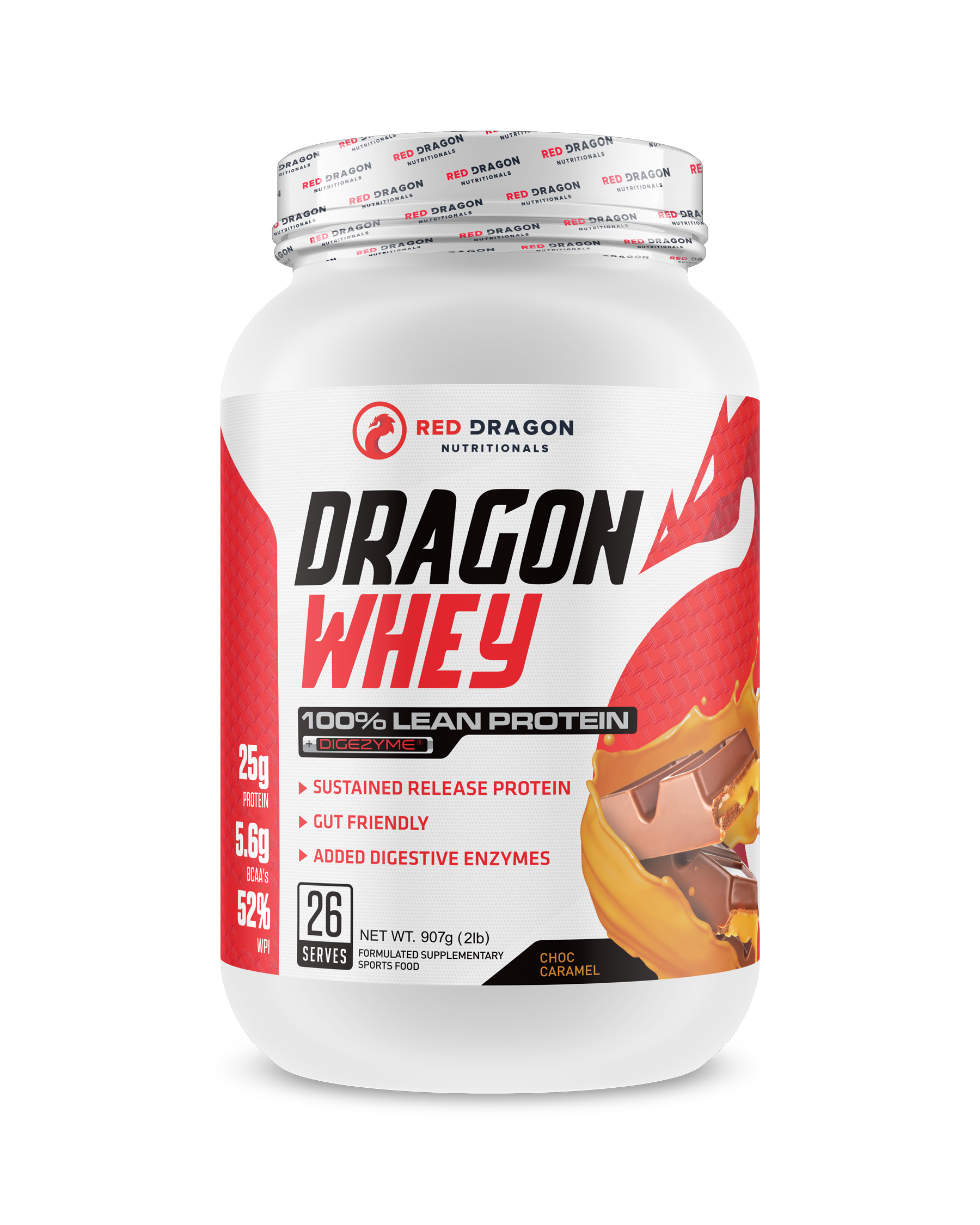 Red Dragon Nutritionals Dragon Whey Protein in chocolate flavor, 2lb container, showing the product packaging.