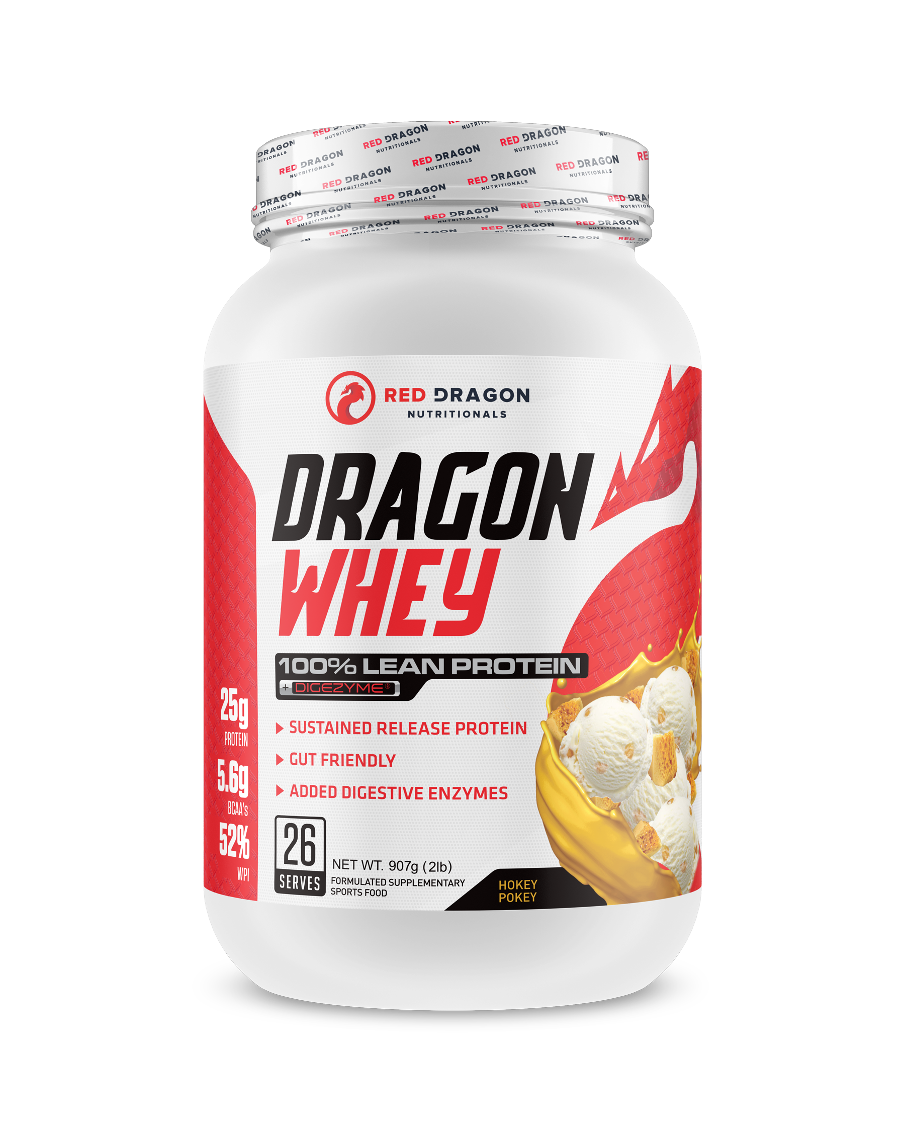 Red Dragon Nutritionals RDN Dragon Whey Protein container, 2lb, with vibrant label design on a white background.