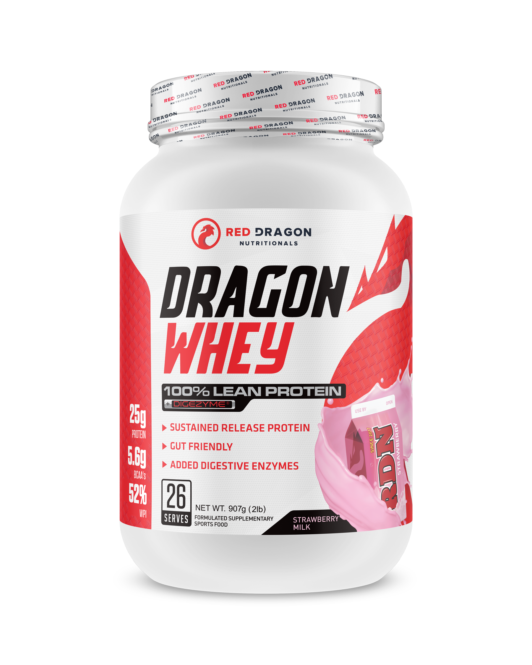 Red Dragon Nutritionals Dragon Whey Protein in 2lb container with milk flavor, showcasing the product packaging.