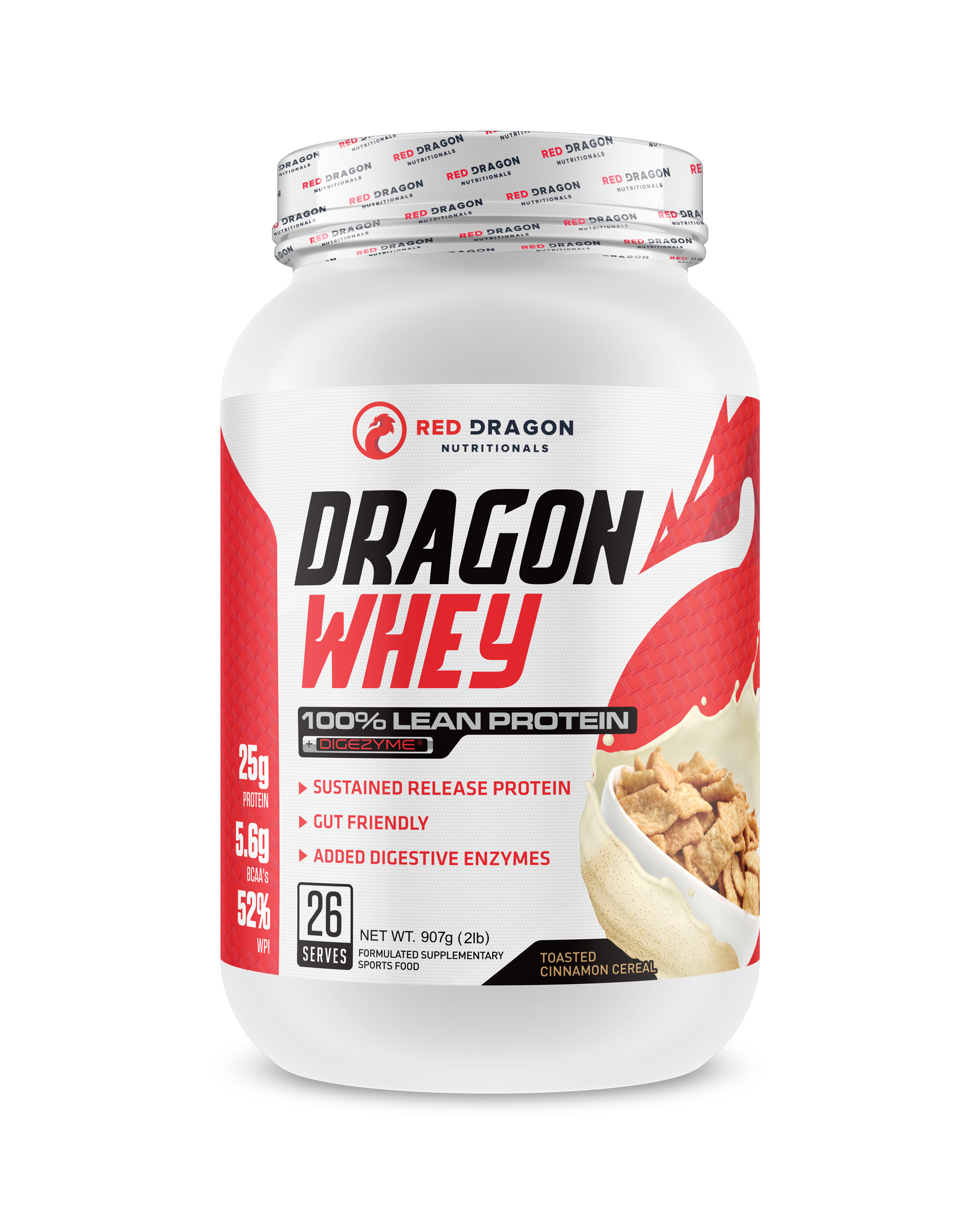 Red Dragon Nutritionals Dragon Whey Protein in 2lb container, creamy chocolate flavor, with scoop and packaging visible.