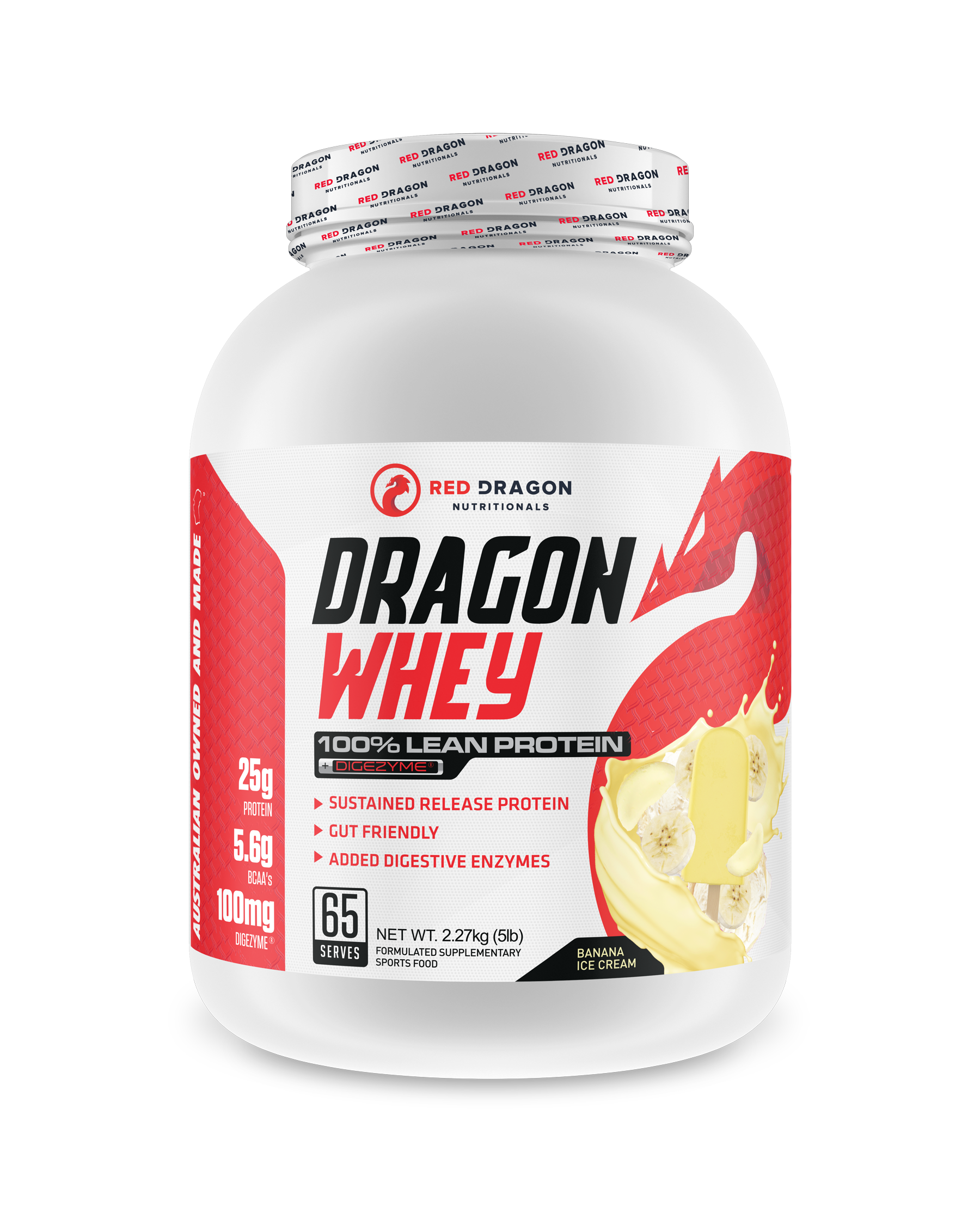 Red Dragon Nutritionals Dragon Whey Protein 5lb container with label and scoop for muscle support and recovery.