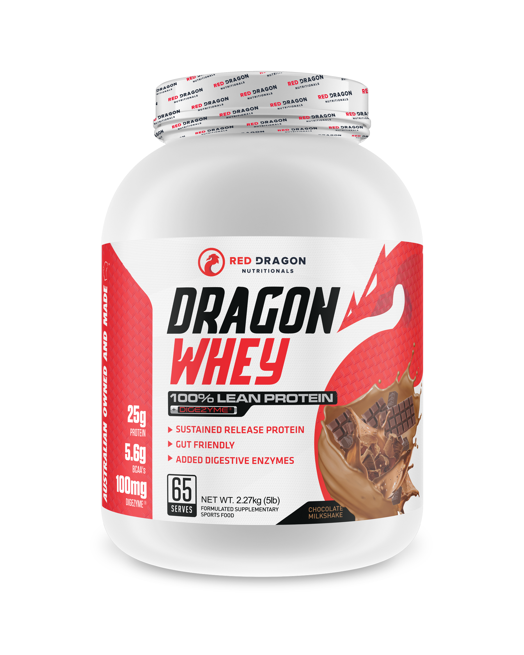 Red Dragon Nutritionals Dragon Whey Protein in 5lb chocolate flavor, featuring a sleek protein powder container with branding.