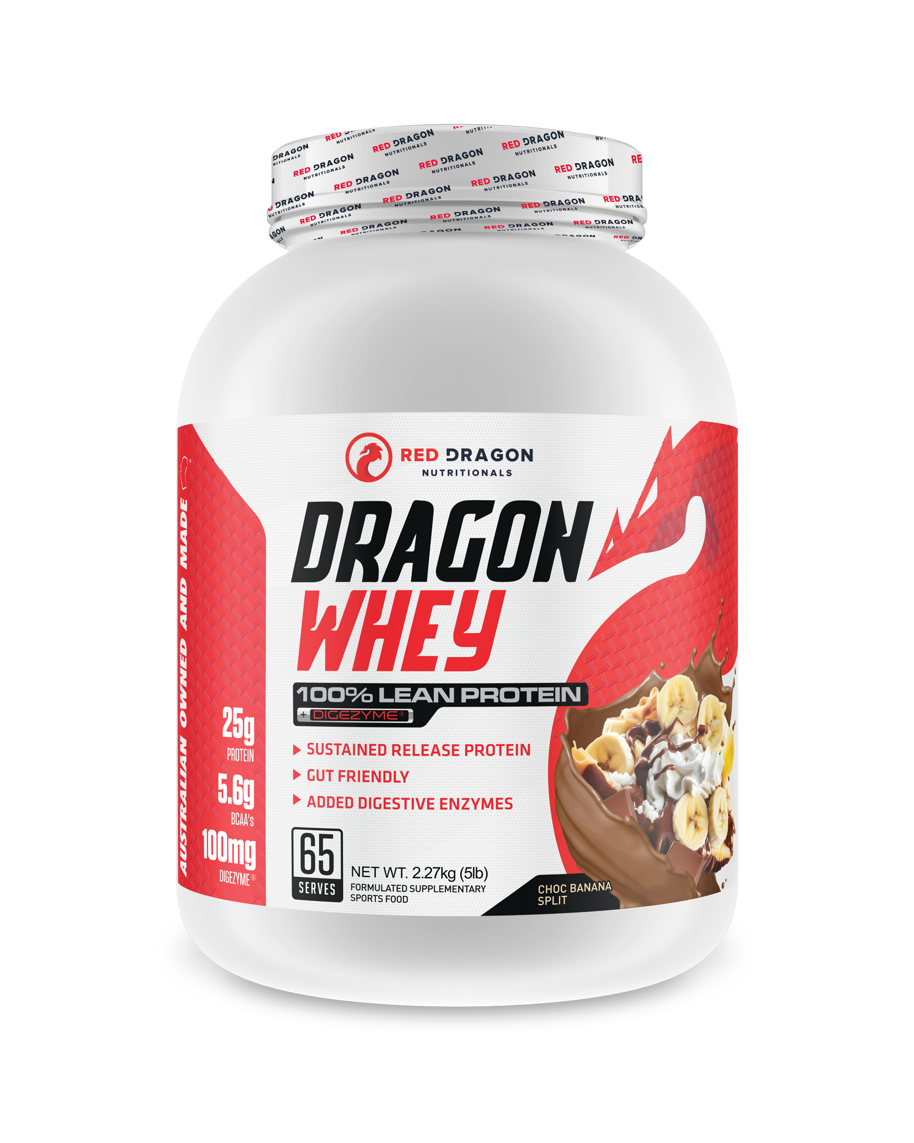 Red Dragon Nutritionals Dragon Whey Protein in chocolate banana flavor, 5lb container, featuring the product label and packaging.